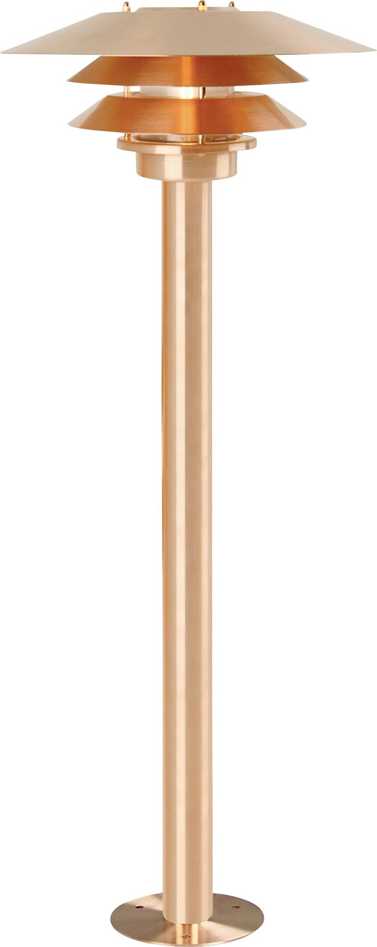 Eine moderne Außenleuchte aus Kupfer mit geschichteten, kreisförmigen Schirmen, die auf einem hohen, zylindrischen Ständer montiert sind.
