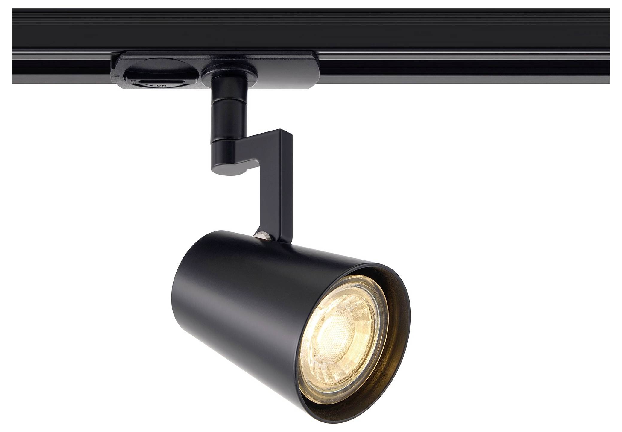 Eine schwarze Schienenleuchtleuchte mit einem zylindrischen Spotlight ist auf einer Schiene montiert. Das Licht ist eingeschaltet und erleuchtet die Glühbirne.