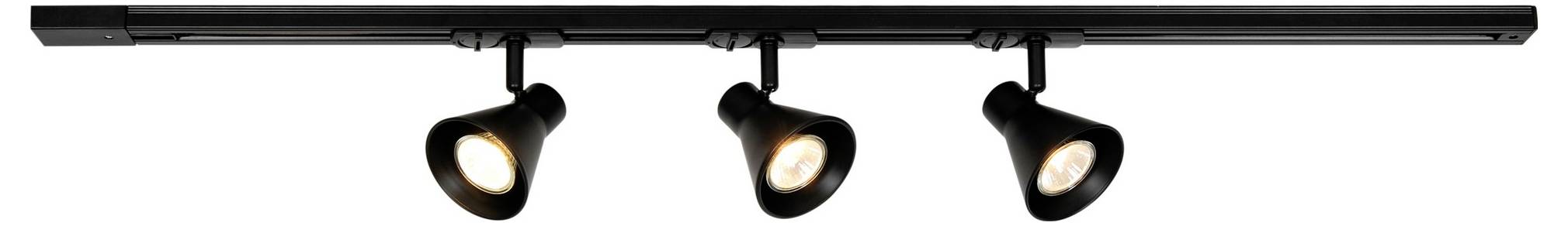 Drei schwarze Schienenstrahler mit kegelförmigen Lampen, gleichmäßig verteilt entlang einer geraden Schiene, nach unten leuchtend.