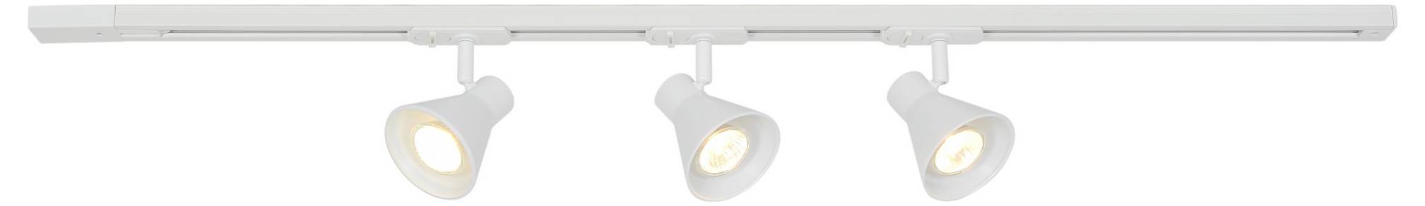 Eine weiße Schienenleuchteleuchte mit drei verstellbaren kegelförmigen Lampen, von denen jede ein warmes Licht ausstrahlt.