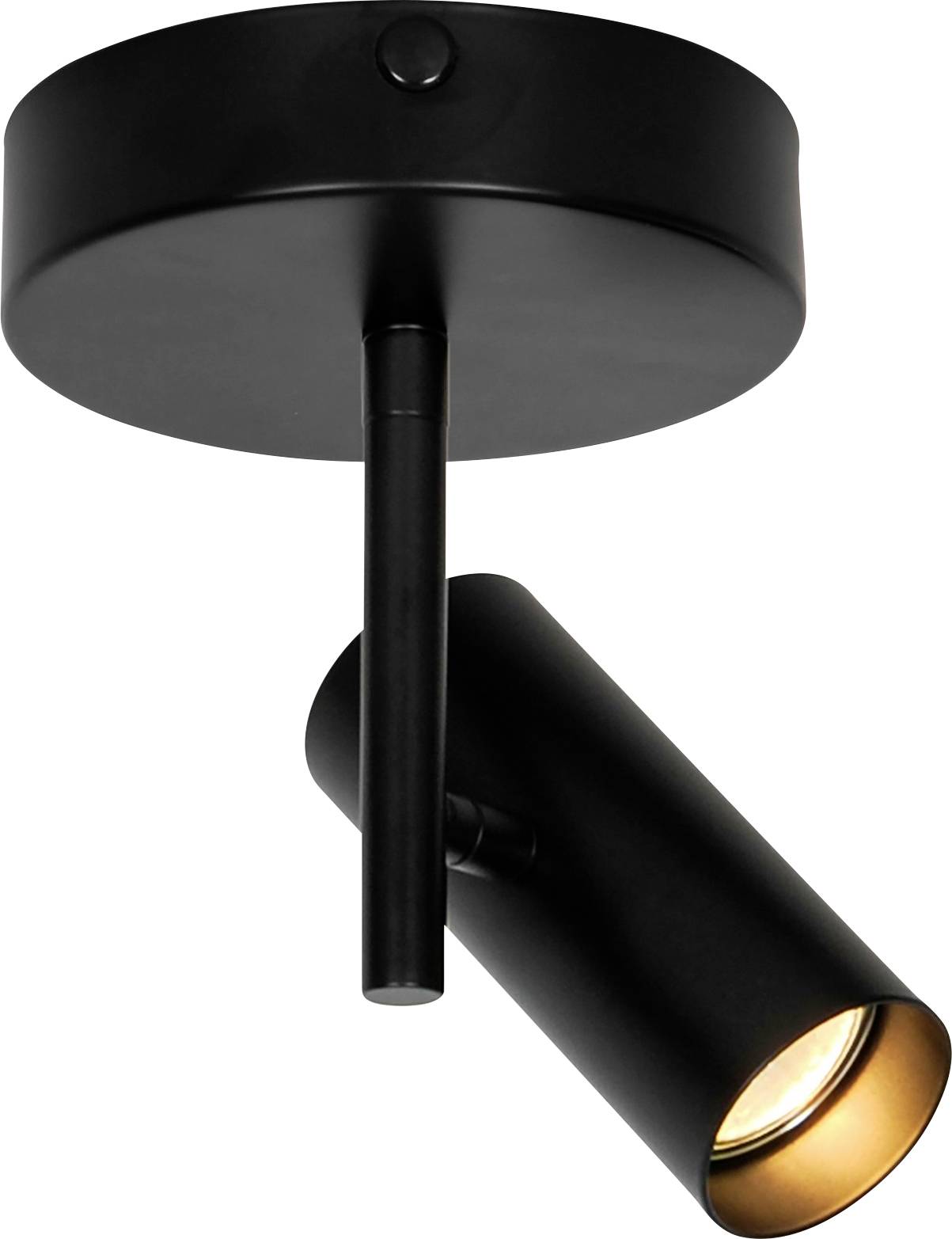Ein schwarzer verstellbarer Deckenspot mit zylindrischem Design, der Licht nach unten abstrahlt und sich zum gezielten Ausleuchten bestimmter Bereiche eignet.