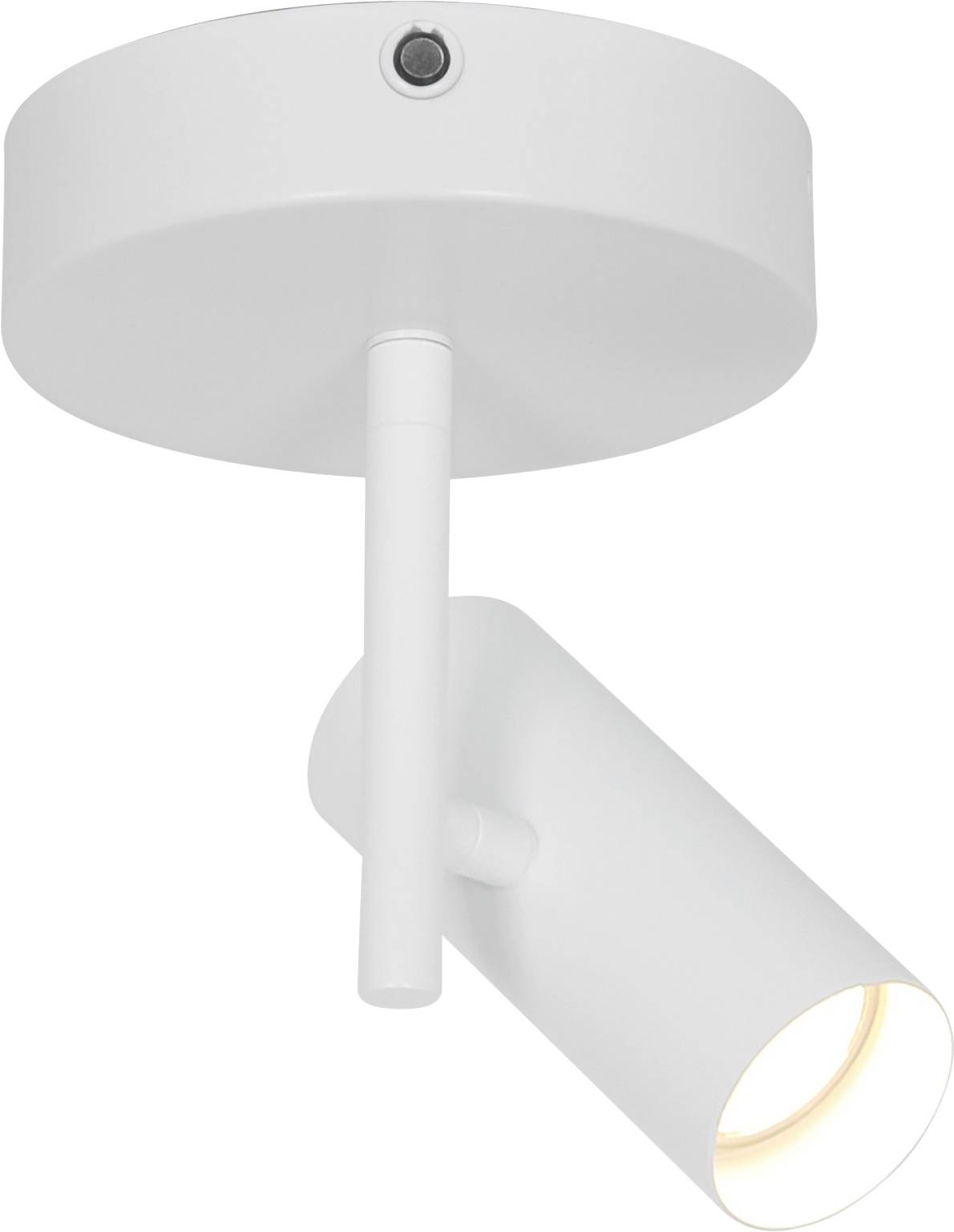 Weiße Deckenleuchte mit zylindrischem verstellbarem Kopf, das Licht nach unten ausrichtend.