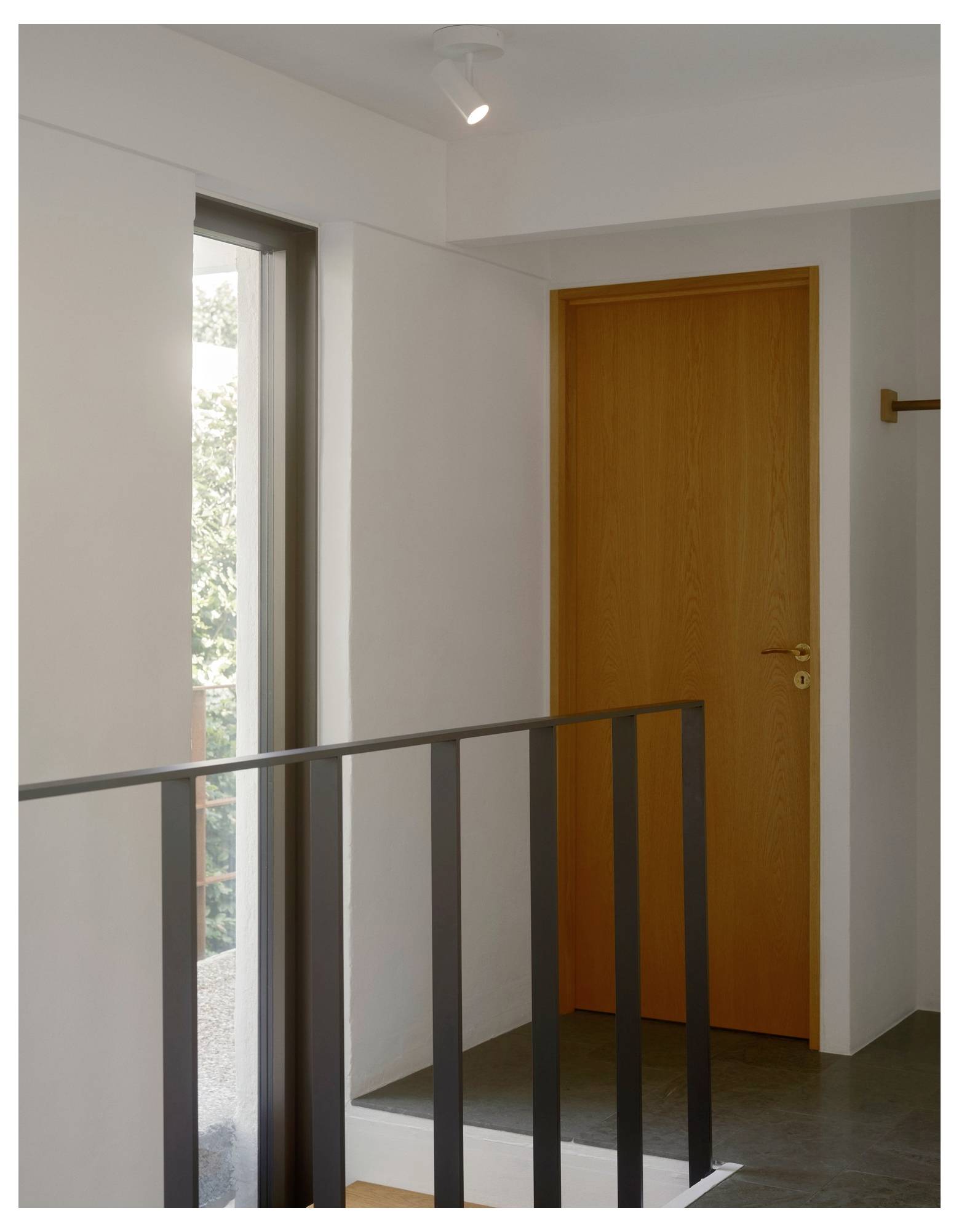 Ein minimalistisches Interieur mit einer Holztür, einem Metallgeländer und einem Fenster mit Blick auf einen Garten. Die Umgebung ist ruhig und gut beleuchtet.