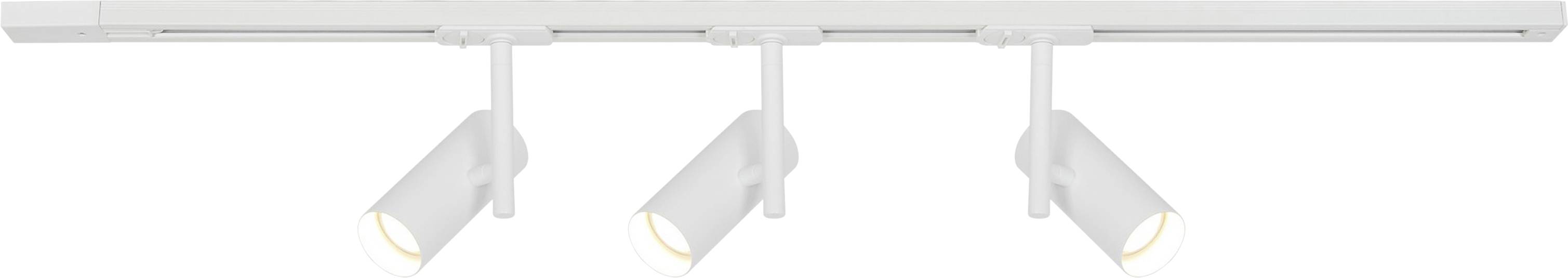 Ein weißes Schienensystem mit drei verstellbaren Spotlights, jedes in einem Winkel nach unten ausgerichtet, montiert auf einer Deckenleiste.