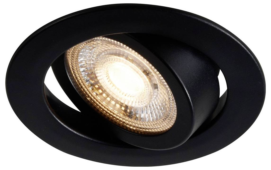 Ein versenkter schwarzer Strahler mit warmweißer LED-Glühbirne, konzipiert für die Deckeninstallation, bietet verstellbare Richtungsbeleuchtung.