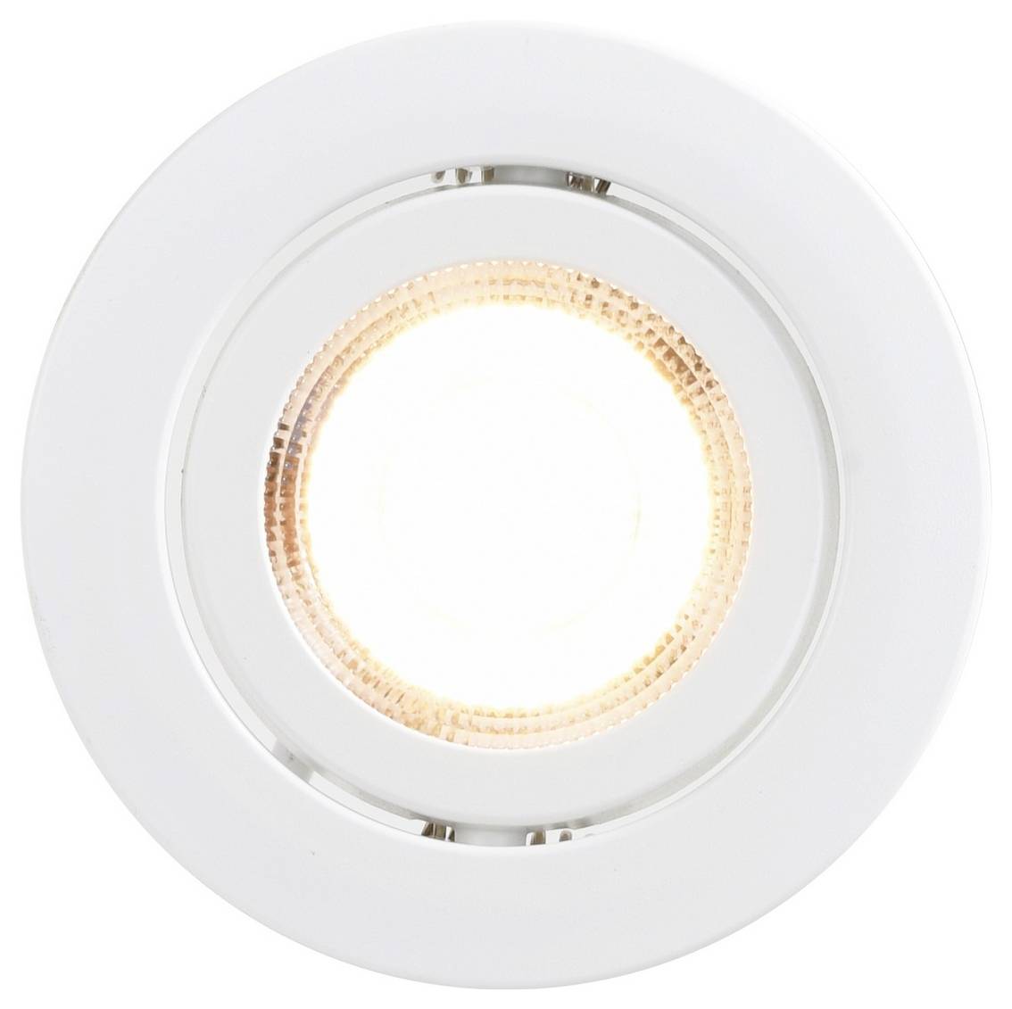 Ein kreisförmiges weißes Einbauleuchten für die Decke mit einer leuchtenden LED-Glühbirne, die warmweißes Licht ausstrahlt.