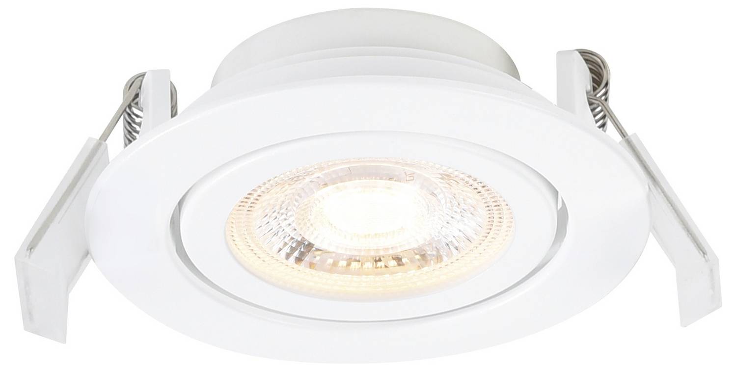 Weiße Einbau-Deckenleuchte mit kreisförmiger LED-Glühbirne, ausgestattet mit Metallbefestigungen zur Installation.