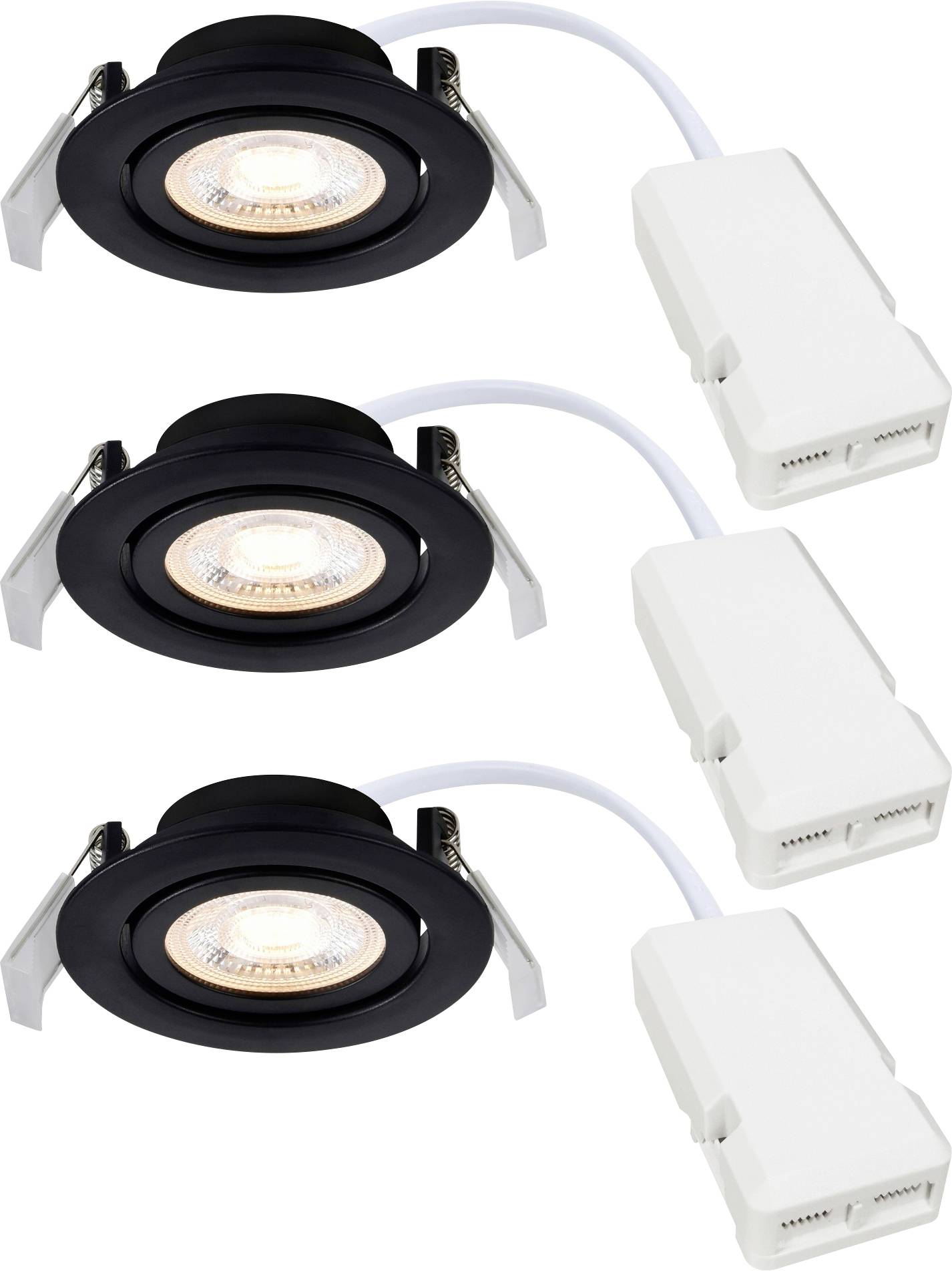 Drei schwarze LED-Einbauleuchten für die Decke mit weißen Anschlüssen, in einer Reihe angeordnet, geeignet für moderne Innenbeleuchtungsanlagen.