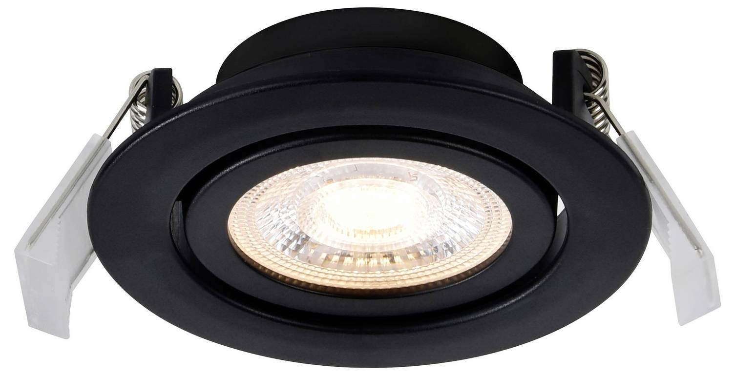 Ein schwarzes bündiges Deckenleuchten-Einbaugehäuse mit kreisförmigem Design und einer leuchtenden Glühbirne in der Mitte, einsatzbereit zur Installation.