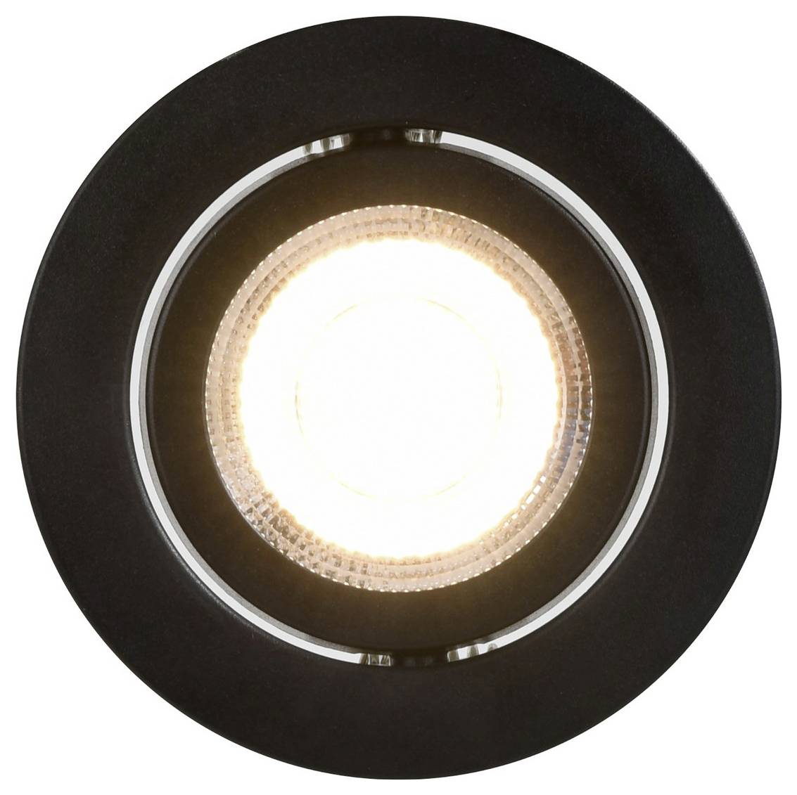 Ein runder, versenkt angebrachter Deckenleuchte mit schwarzem Rand, die ein helles weißes Licht ausstrahlt und wahrscheinlich zur Innenraumbeleuchtung verwendet wird.