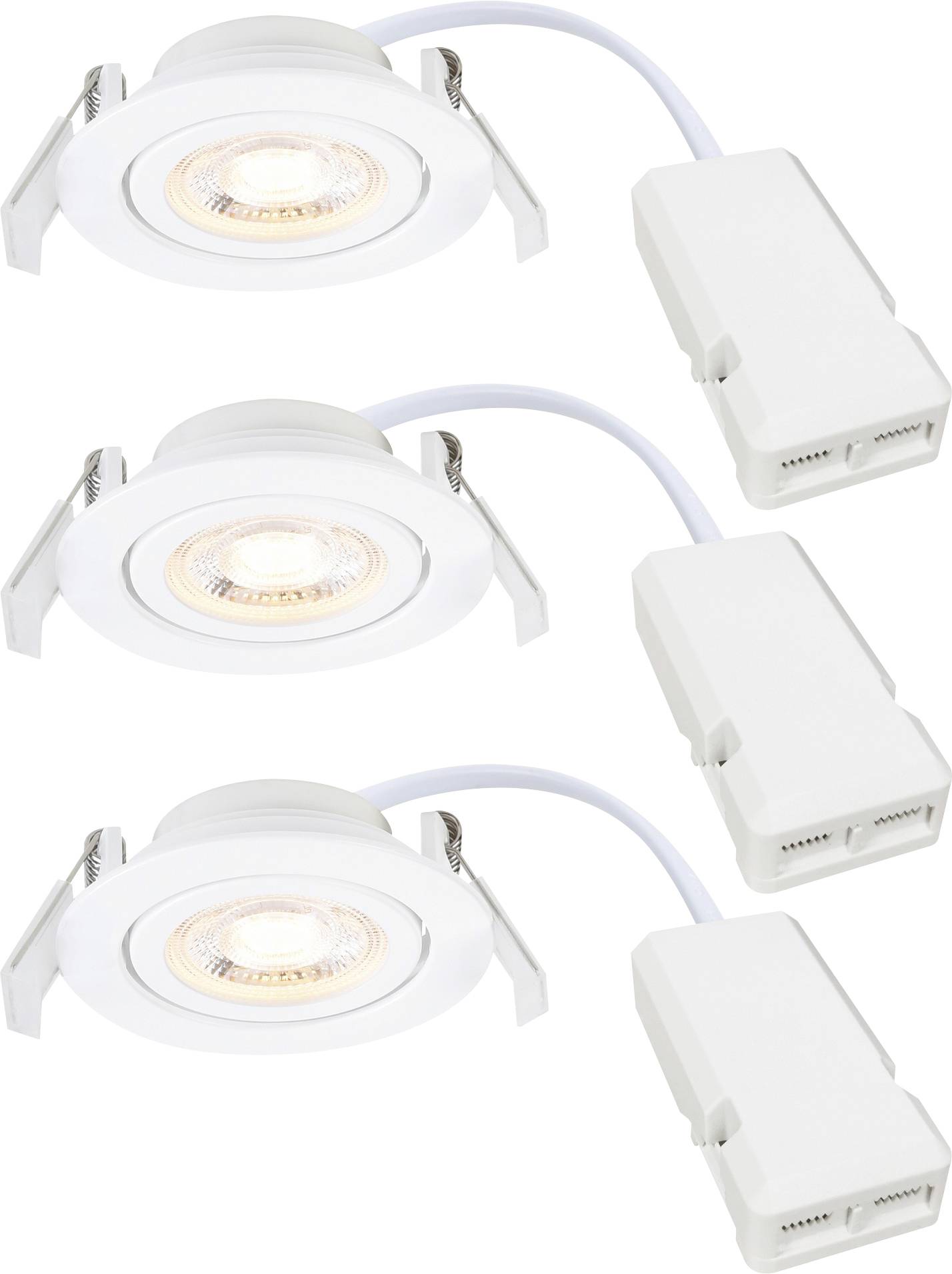 Drei weiße eingelassene LED-Deckenleuchten mit Steckverbindern und Kabeln, vertikal angeordnet. Geeignet für Indoor-Beleuchtungsinstallationen.