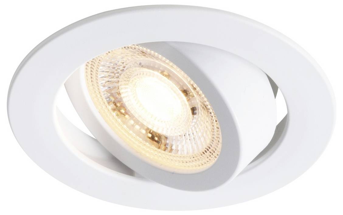 Eine weiße verstellbare LED-Deckeneinbauleuchte mit leuchtender Glühbirne, entwickelt für gerichtete Beleuchtung in Innenräumen.