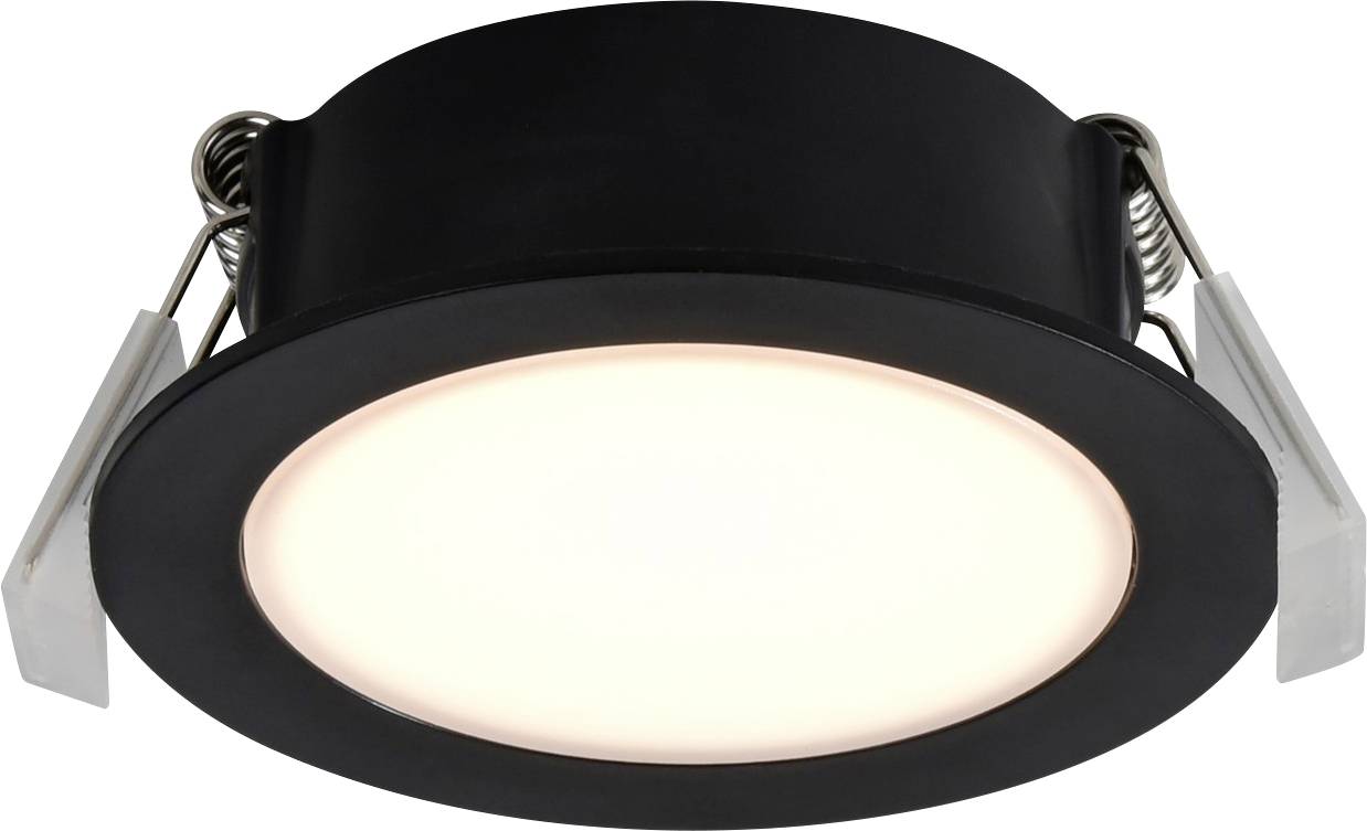 Eine schwarze, runde LED-Deckeneinbauleuchte mit leuchtendem Zentrum, ausgestattet mit metallischen Federclips an den Seiten zur Montage.