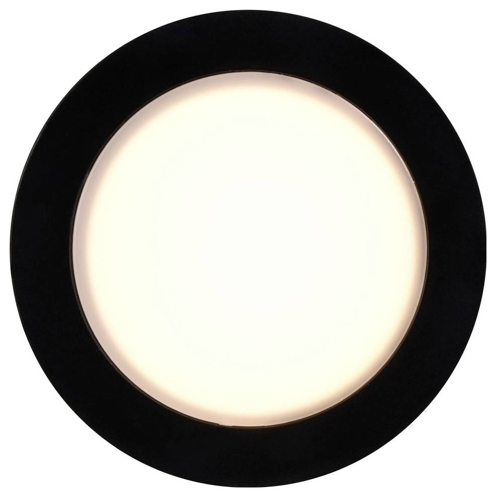 Ein kreisförmiges Deckenleuchte mit schwarzem Rahmen gibt ein weiches, weißes Licht ab und eignet sich ideal für moderne Innenräume.