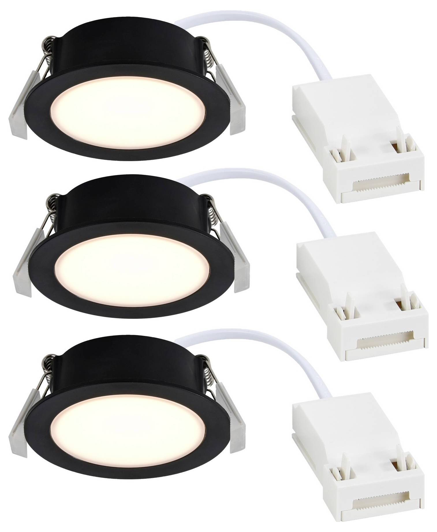 Drei runde schwarze eingelassene LED-Leuchten mit weißen Anschlüssen und angebrachten Drähten, in einer Reihe auf weißem Hintergrund angeordnet.