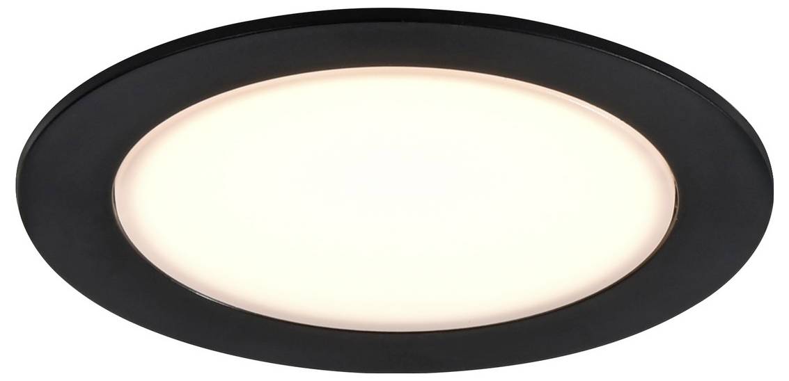 Ein modernes, rundes LED-Deckenleuchte mit schwarzem Rand und hellem weißem Zentrum.