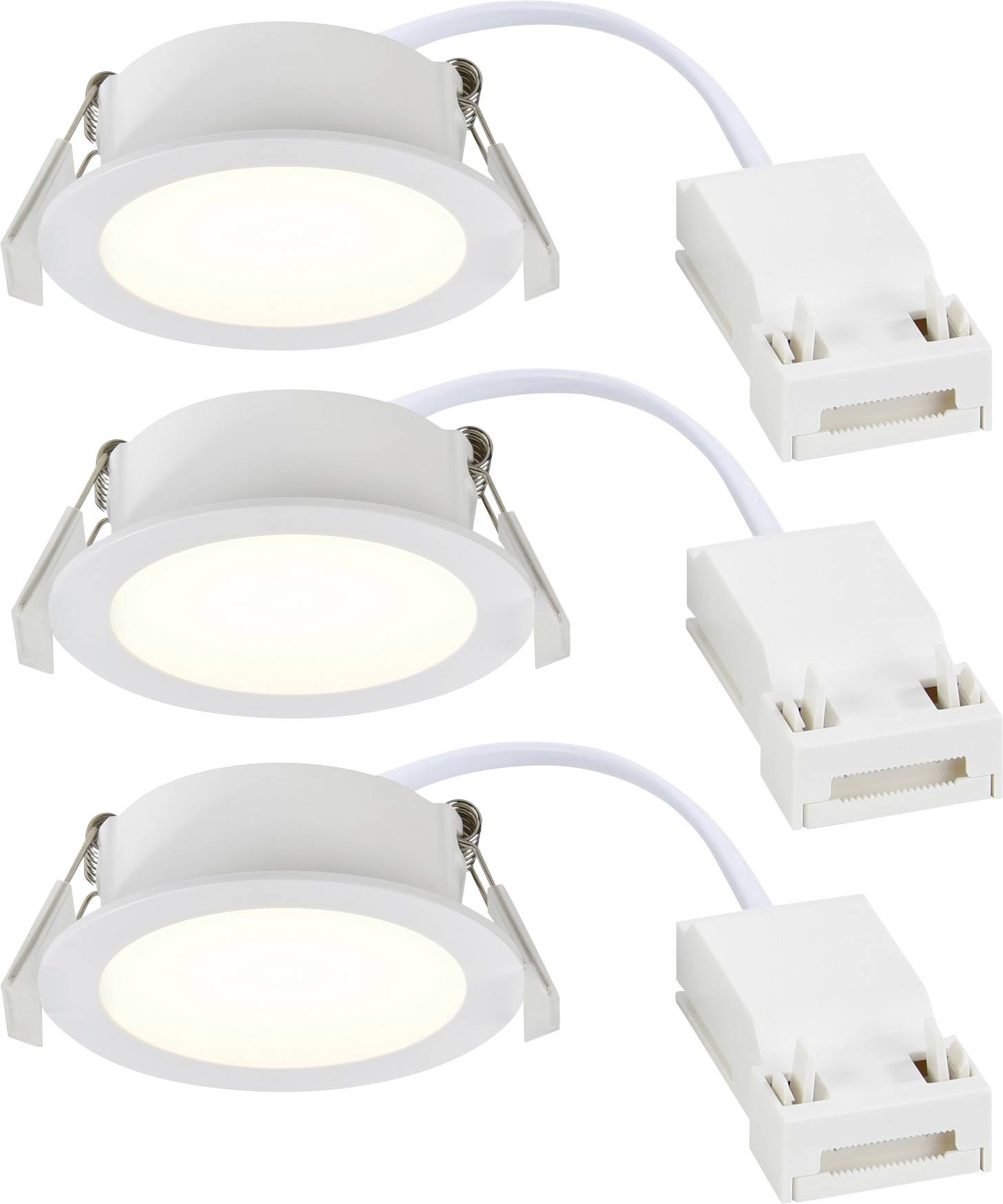 Drei weiße, runde LED-Einbauleuchten mit Anschlüssen an Kabeln, nebeneinander positioniert, zur Deckeninstallation geeignet.