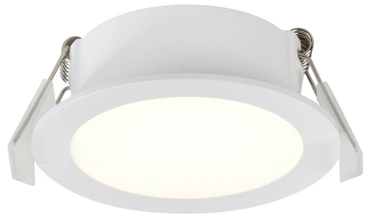 Ein rundes, weißes LED-Einbauleuchten-Deckenleuchte mit Metallklammern an den Seiten, die sanft von der Mitte aus leuchtet, entworfen für die Verwendung im Innenbereich.