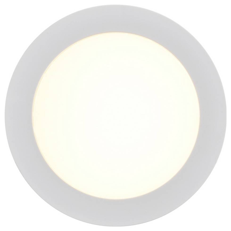 Rundes LED-Deckenleuchten-Einbauelement mit hellem weiße Glut, vor einem einfachen Hintergrund angebracht.