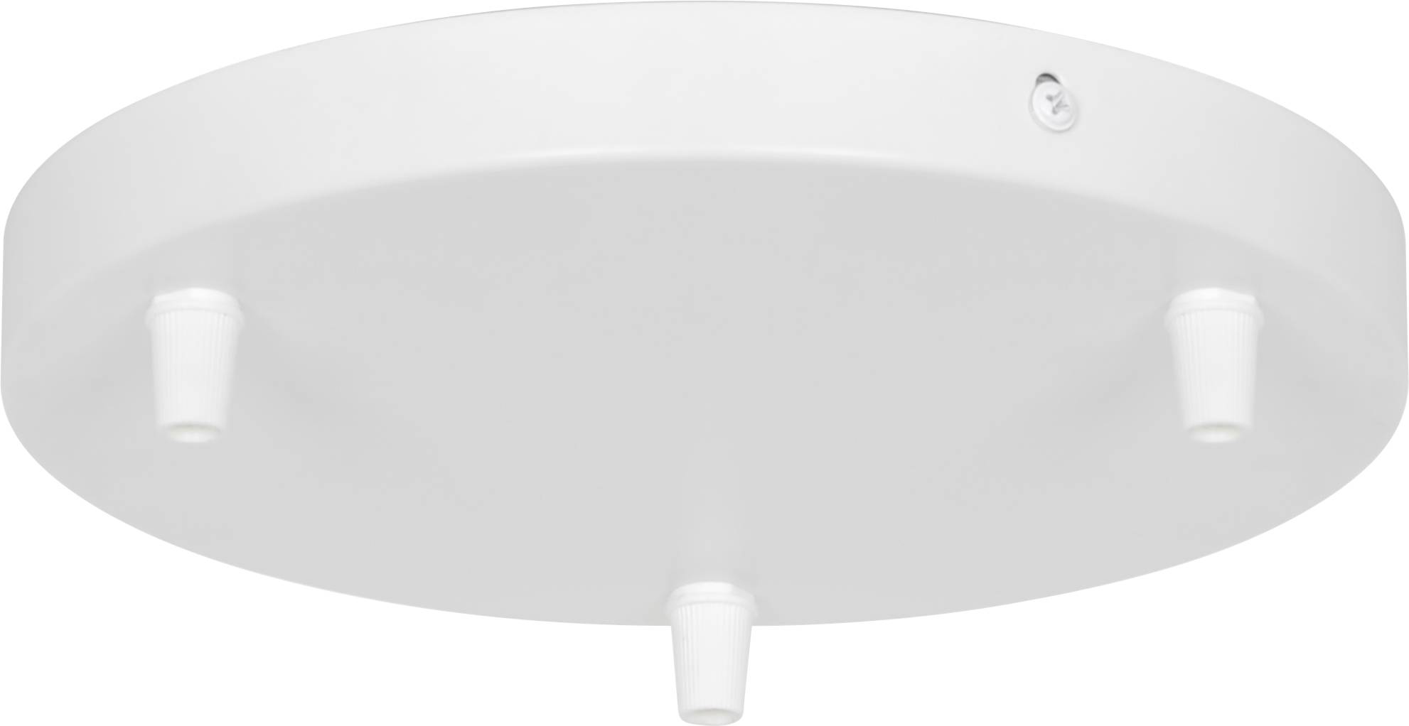 Eine runde, weiße Deckenleuchten-Grundplatte mit drei vorstehenden Montagepunkten, von unten betrachtet.