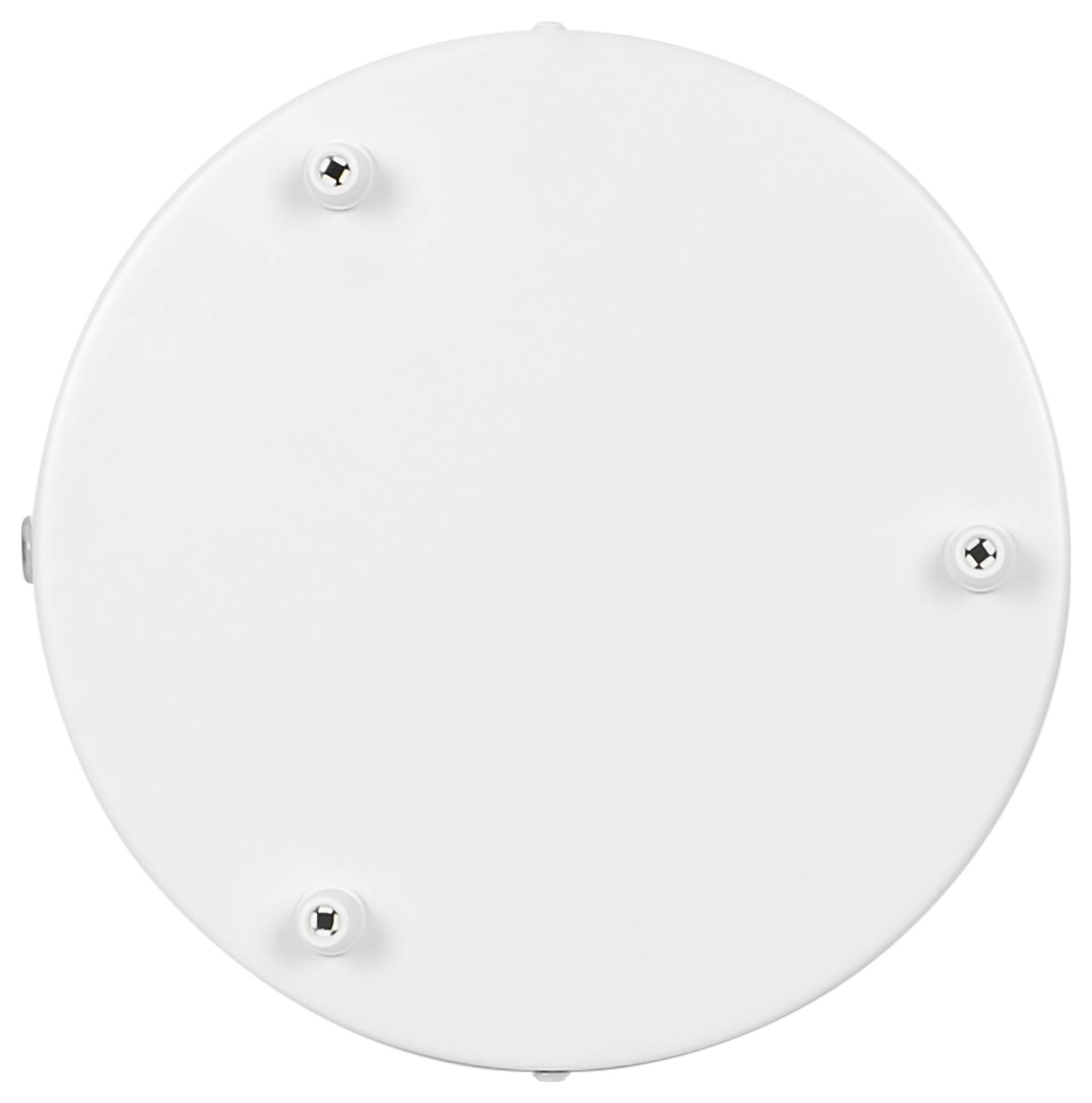 „Eine runde weiße Deckenmontageplatte mit drei sichtbaren Schrauben, wahrscheinlich zur Befestigung einer Leuchte oder eines ähnlichen Geräts verwendet.