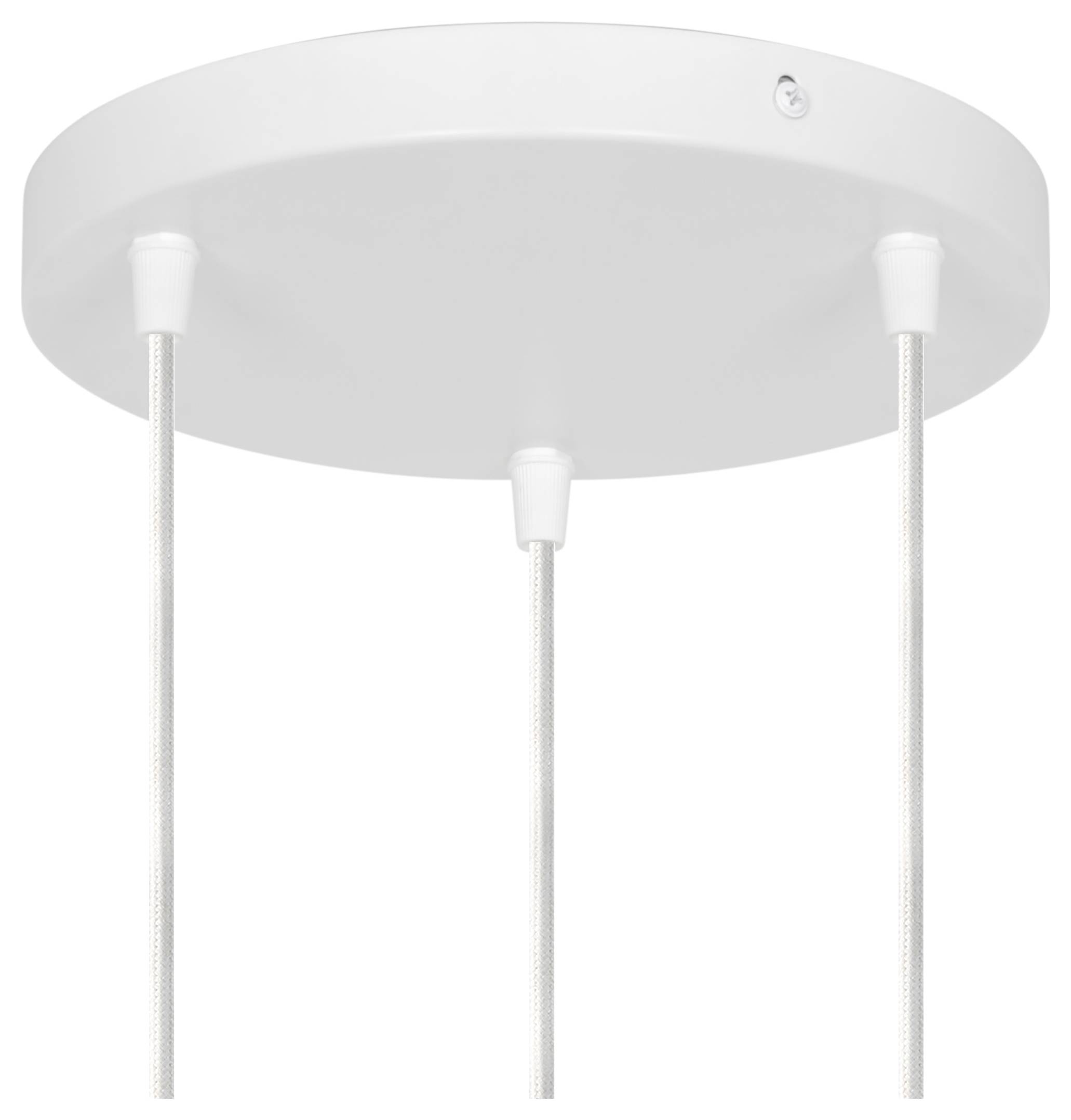 Weiße runde Deckenleuchte mit drei gleichmäßig verteilten Hängekordeln. Die Leuchte ist schlicht und modern und eignet sich für zeitgenössische Innenräume.