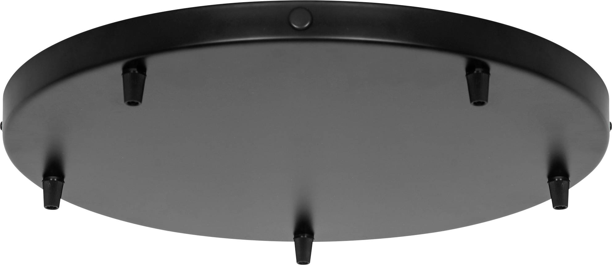 Ein kreisförmiger schwarzer Metallhimmel mit mehreren kleinen vorstehenden Stiften, entworfen für die Installation von Deckenleuchten.