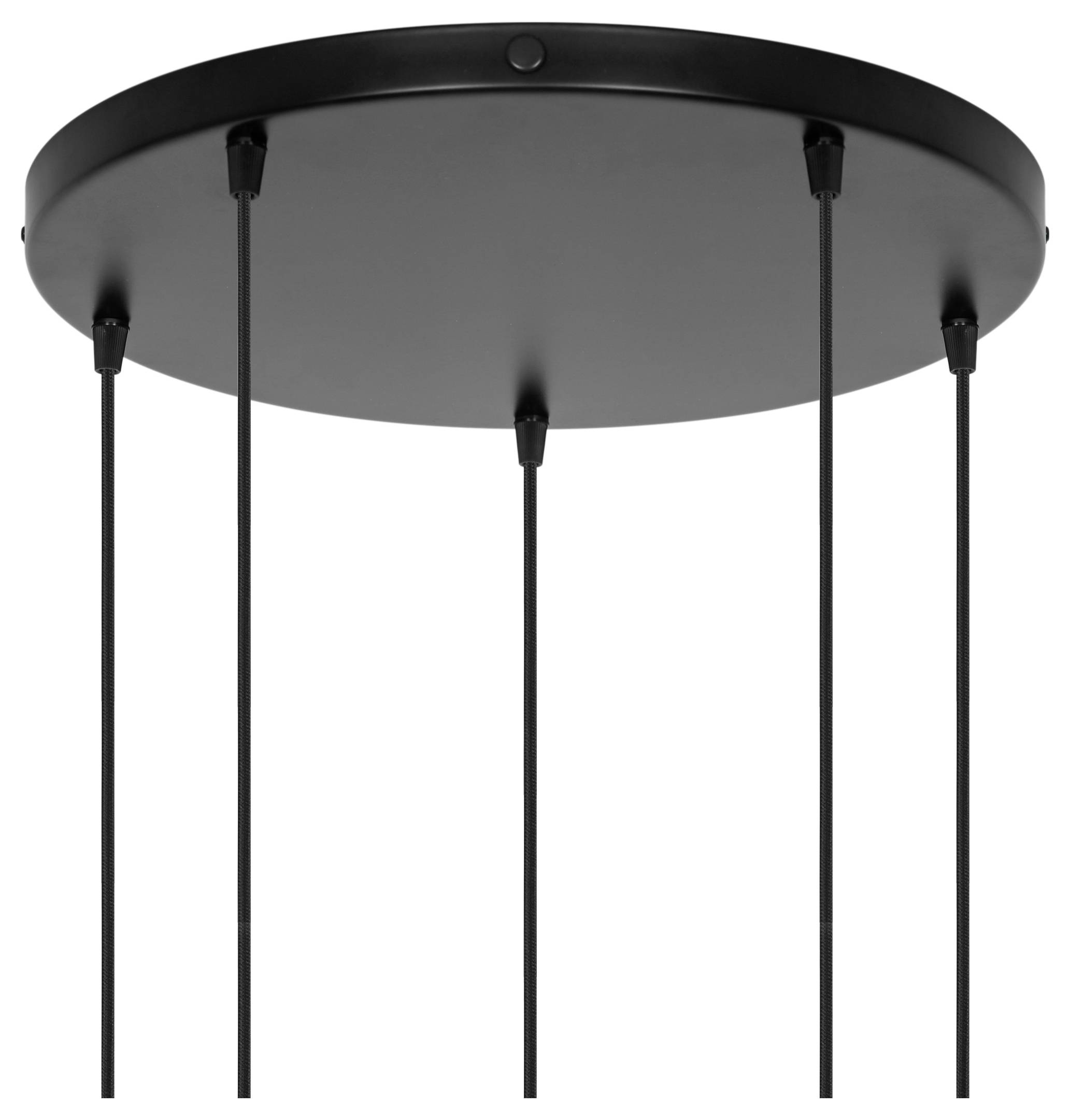 Schwarzes kreisförmiges Deckenblende mit fünf hängenden Schnüren für Pendelleuchten.