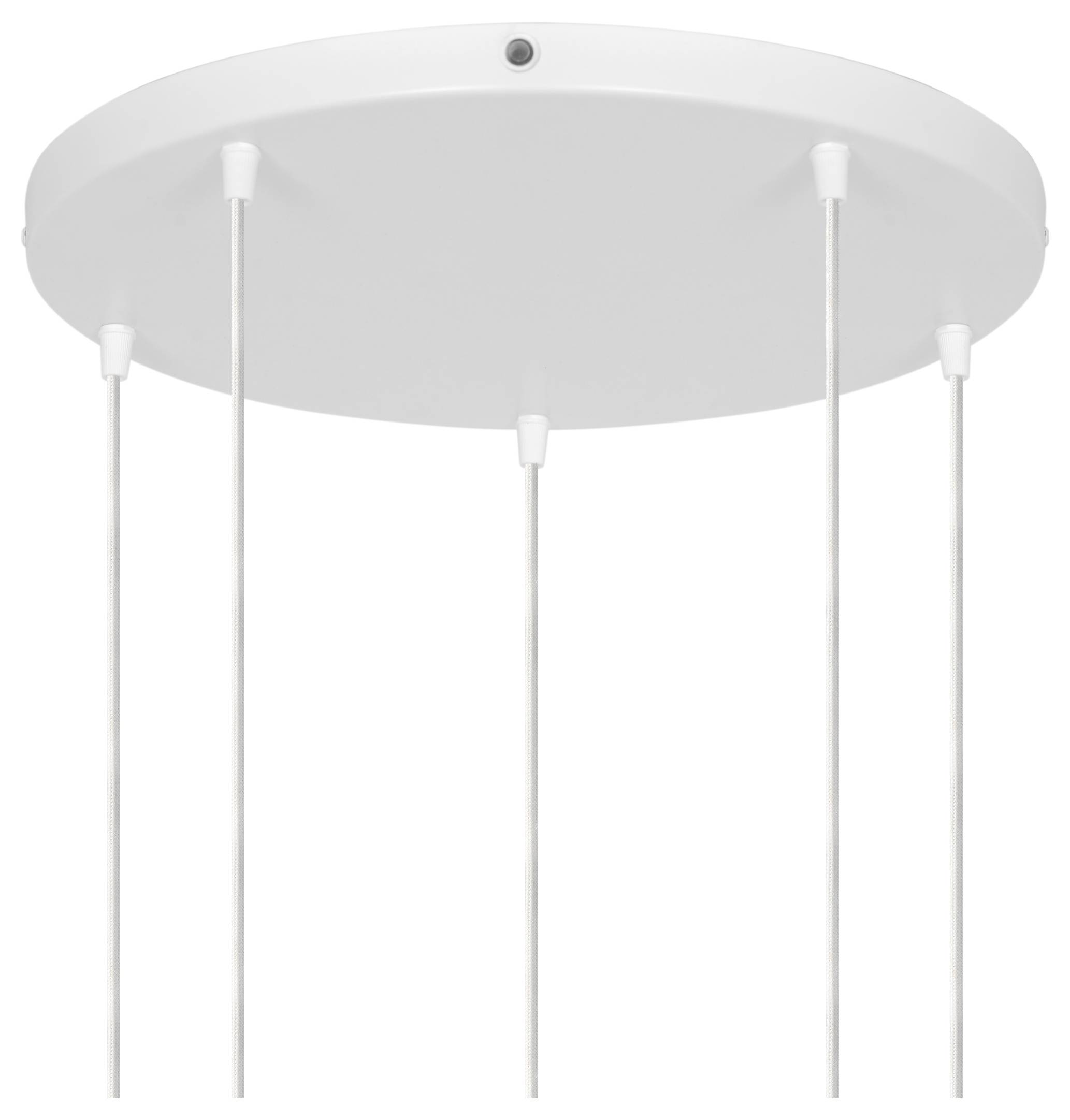 Weiße runde Deckenrosette mit fünf schlanken Pendelleuchten, die herabhängen.