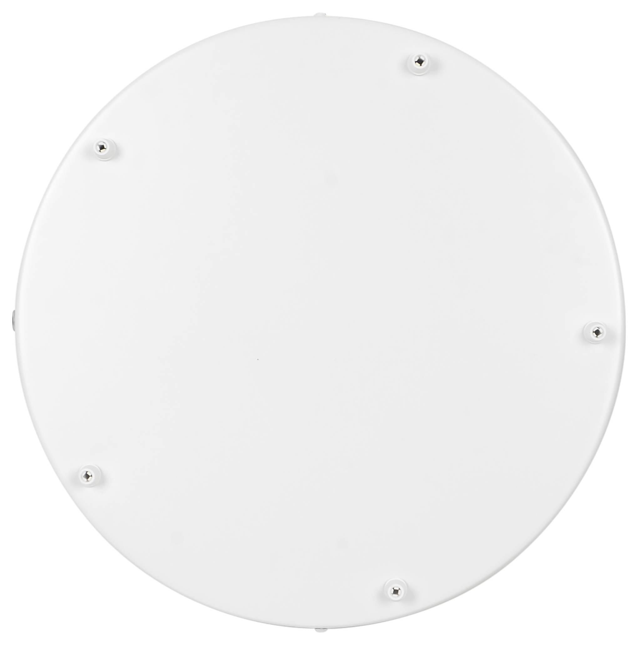 Eine runde weiße Kunststoffabdeckung mit sieben gleichmäßig verteilten Schraubenlöchern, die zur Befestigung an Decke oder Wand verwendet wird.