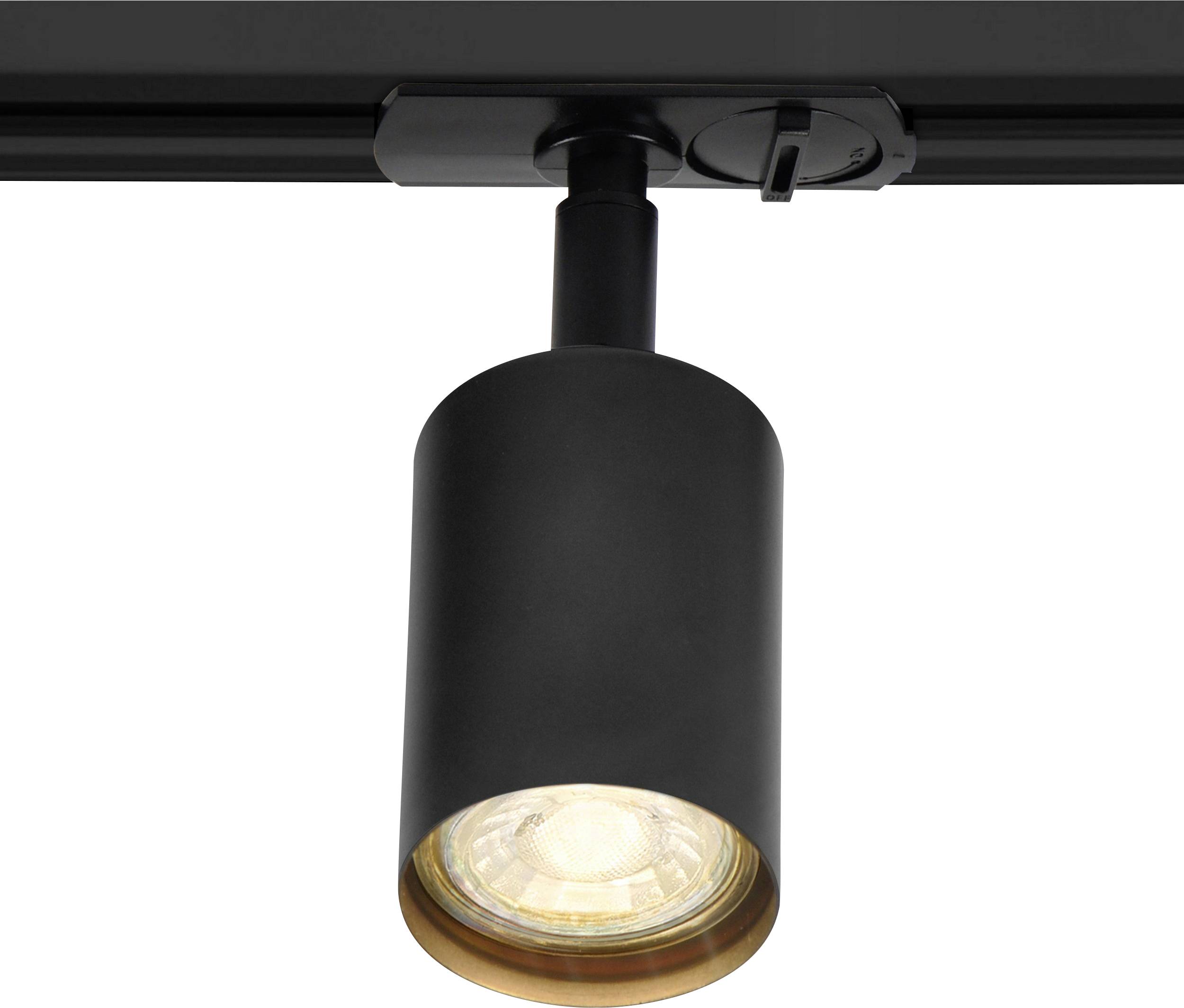 Ein schwarztes Schienenstrahler mit einer zylindrischen Lampe, montiert auf einer Schiene mit einem verstellbaren Winkelmechanismus.