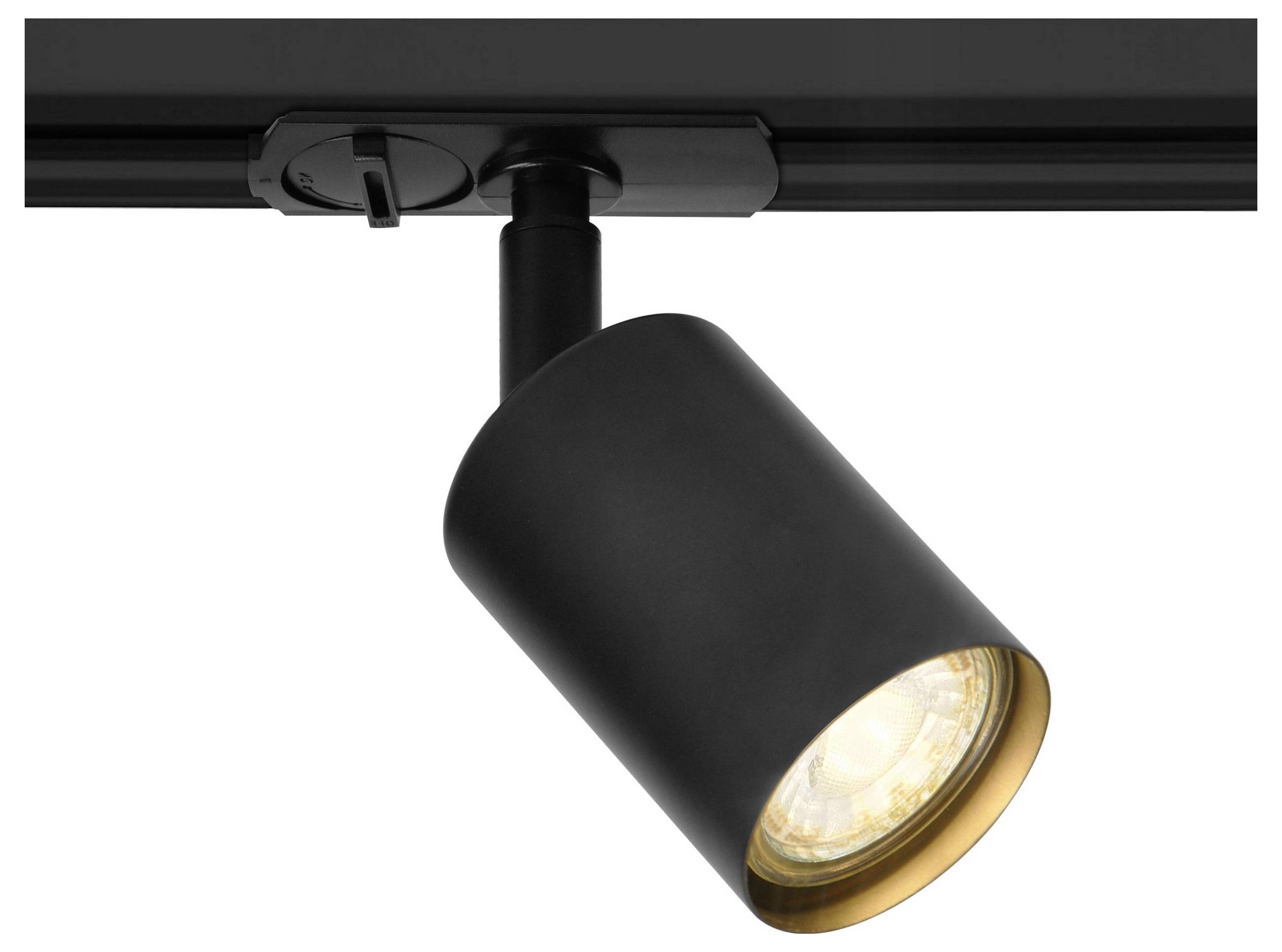 Eine schwarze Schienenstrahler-Leuchte mit zylindrischem Kopf, die warmes Licht ausstrahlt, montiert auf einer dunklen Schiene vor einem neutralen Hintergrund.