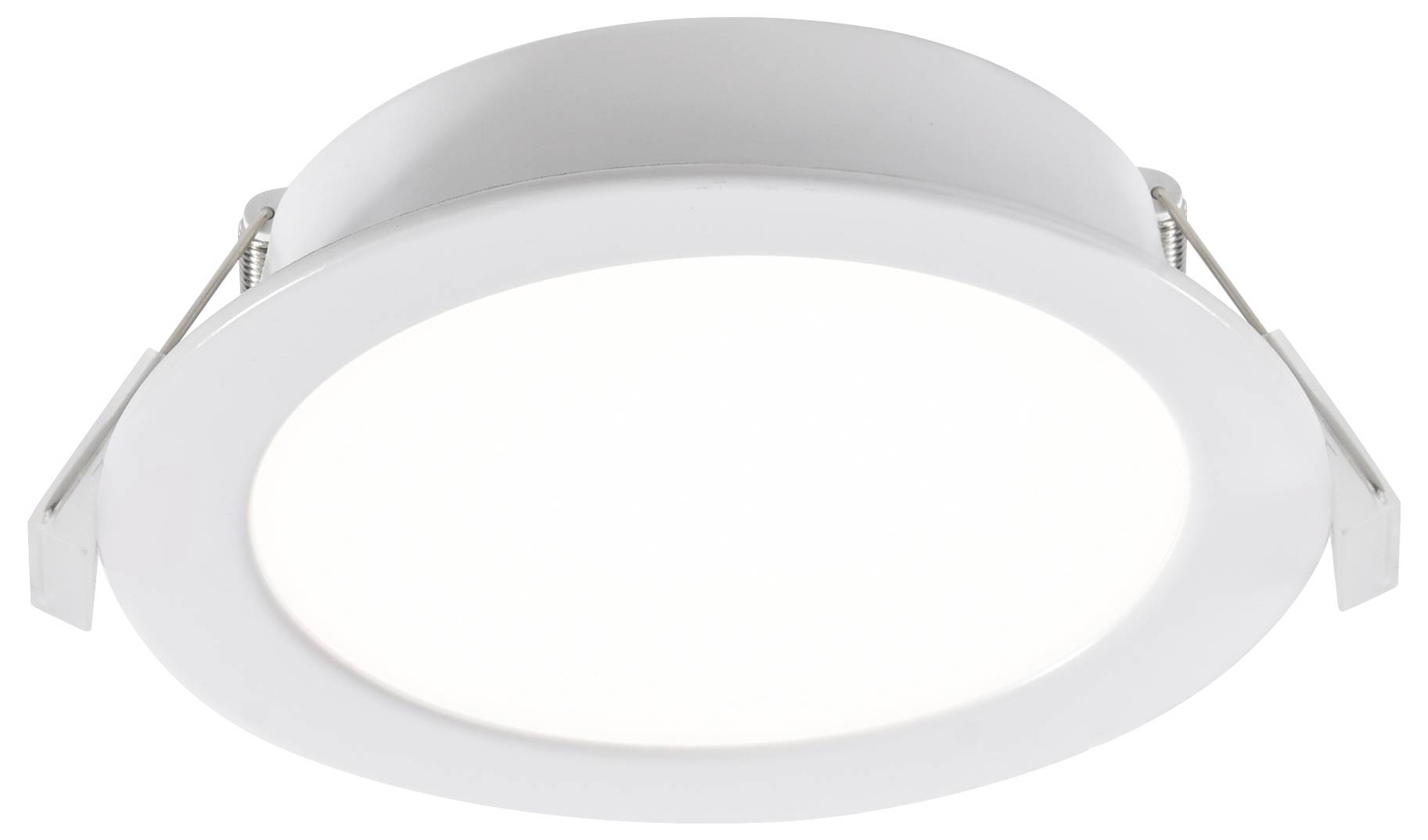 Runde, weiße LED-Einbauleuchte für die Decke mit Metallfedern, konstruiert für Inneninstallationen.