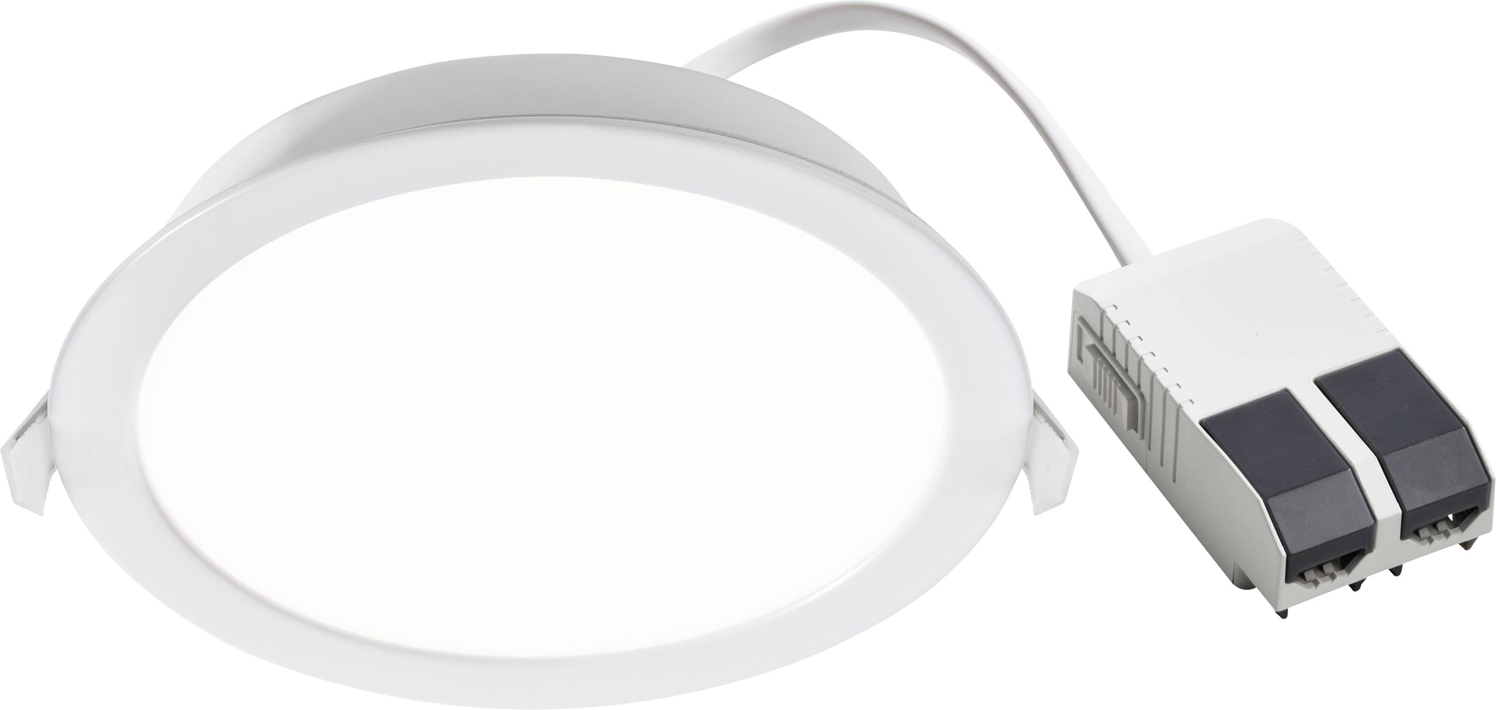 Ein rundes, flaches LED-Deckenleuchte mit weißer Blende und angebrachtem Elektrostecker, konzipiert für die Unterputzmontage.