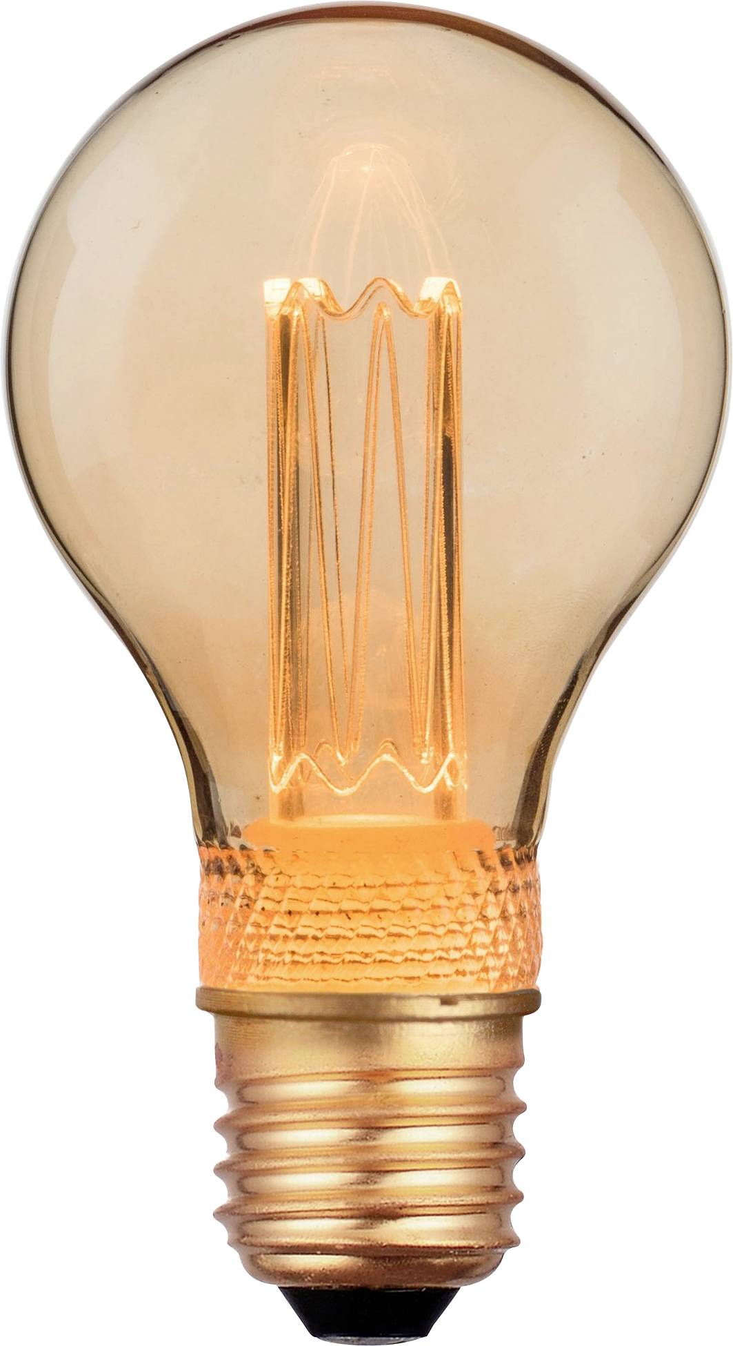 Ein leuchtender Glühfaden in einer klaren, bernsteinfarbig getönten Glühbirne, beleuchtet vor einem weißen Hintergrund, der ihr Vintage-Design hervorhebt.