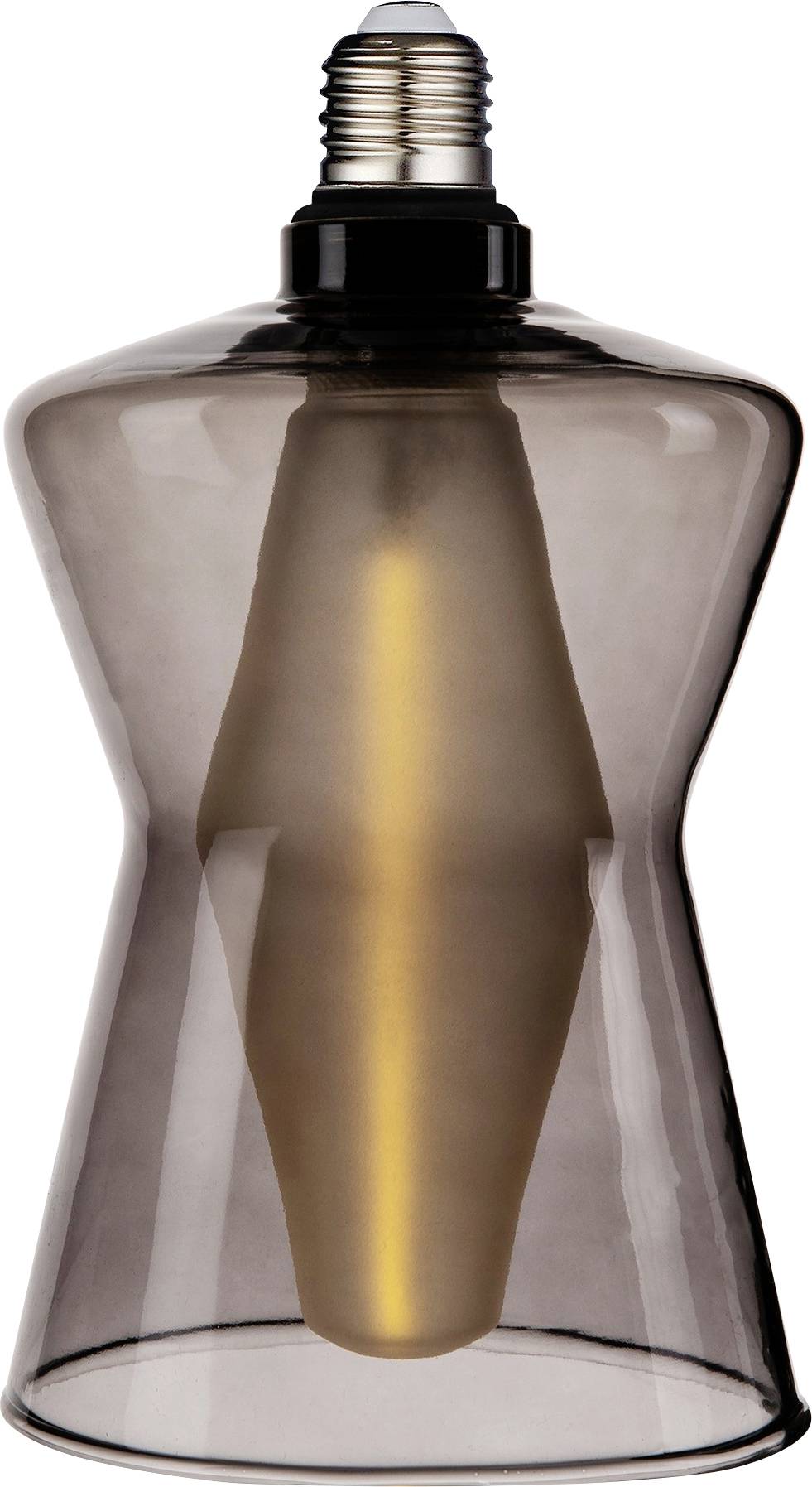 Eine einzigartig geformte, moderne Glühbirne mit dunklem Glasgehäuse und sichtbarem glühendem Glühfaden im Inneren, geeignet für Dekorationsbeleuchtung.