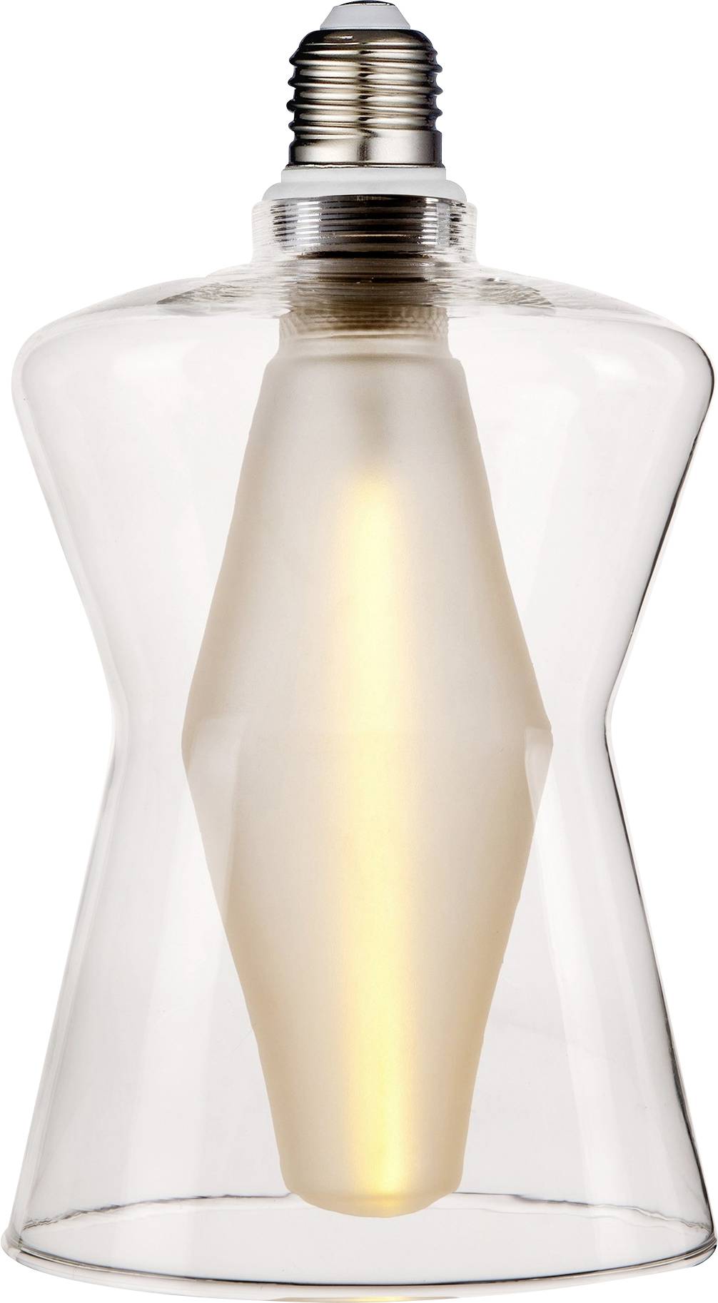 Eine moderne, skulpturale Glühbirne mit transparenter Außenhülle und leuchtenden inneren Glühdrähten, die ein künstlerisches Design präsentiert.