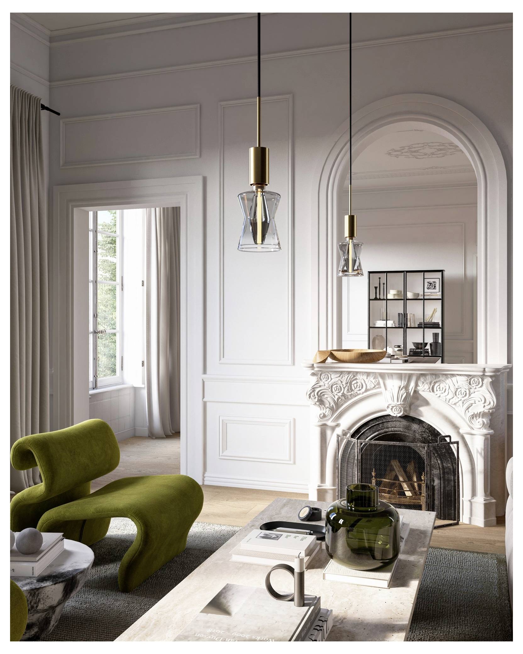 Ein stilvolles Wohnzimmer mit modernen grünen Stühlen, einem Marmorkamin, hängenden Leuchten und einem großen Fenster, das Tageslicht hereinlässt.