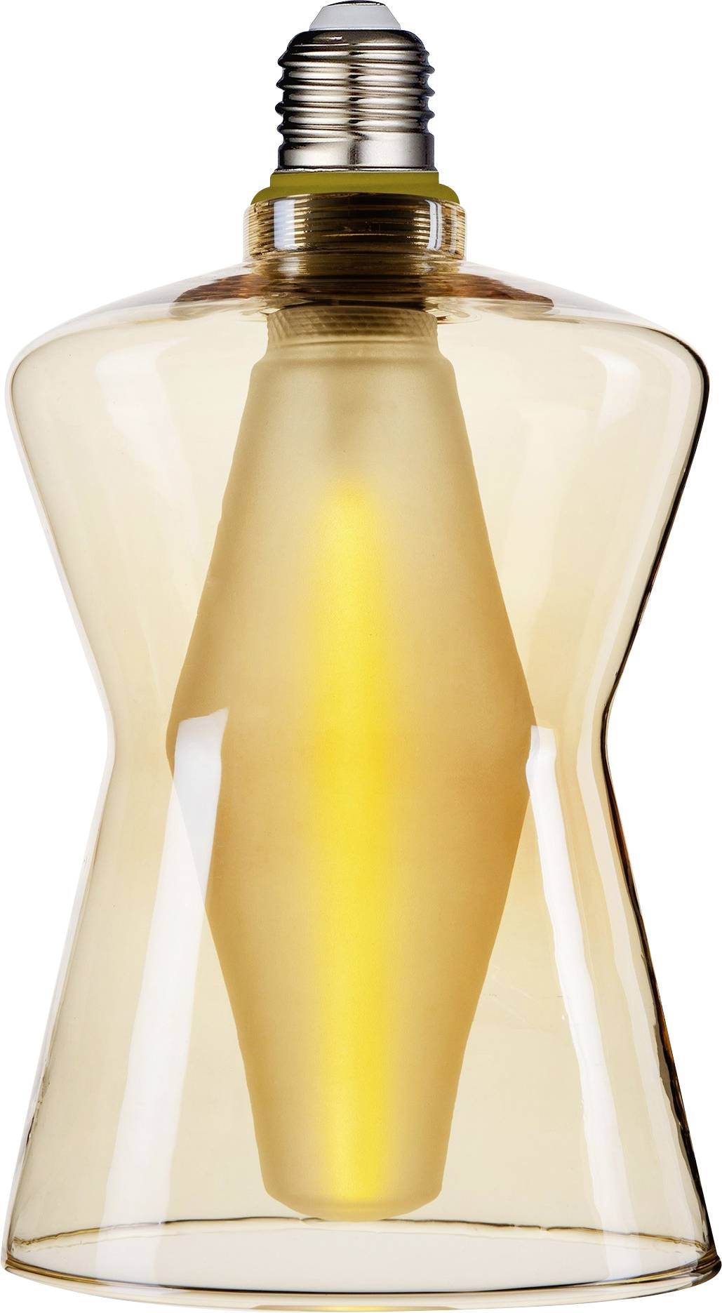 Eine einzigartig geformte, im Vintage-Stil gestaltete Glühbirne gibt ein warmes Licht ab und verfügt über eine breite Außenseite aus Bernsteinglas und einen schmalen, länglichen zentralen Glühdraht.