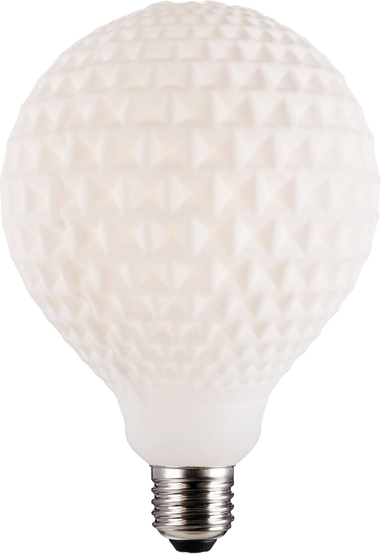 Eine strukturierte, kugelförmige Glühbirne mit einer gemusterten Oberfläche und einem metallischen Schraubsockel, entworfen für dekorative Beleuchtung.