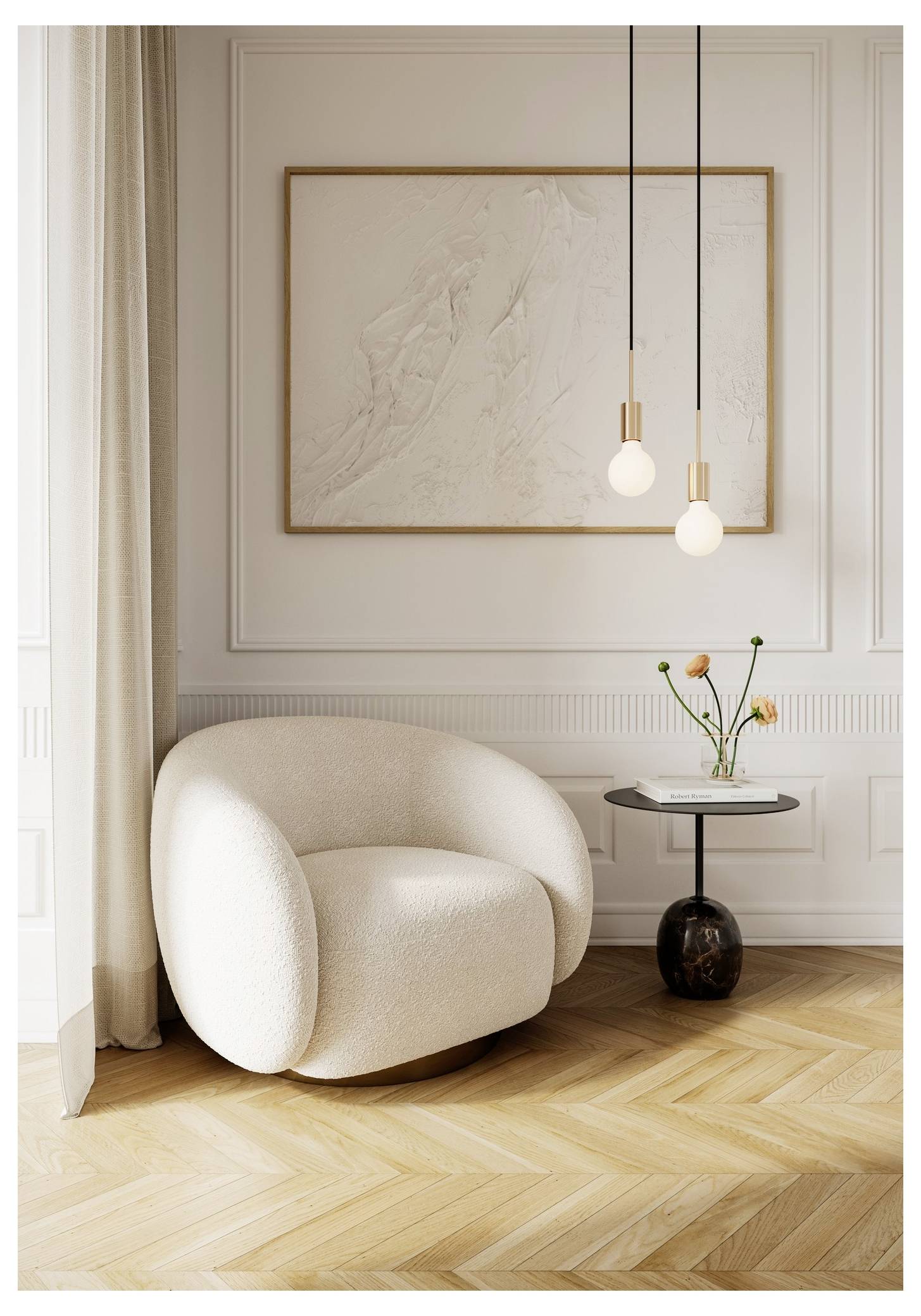 Ein gemütliche, moderne Wohnzimmerecke mit einem weißen, flauschigen Sessel, einem kleinen runden Tisch mit Blumen, hängenden Leuchten und einem minimalistischen Gemälde.