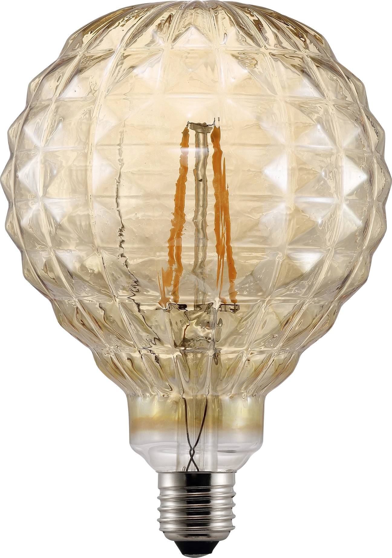 Eine Glühbirne im Vintage-Stil mit strukturierter Glasoberfläche und sichtbarem Glühfaden, die einen warmen Bernsteinglanz ausstrahlt.