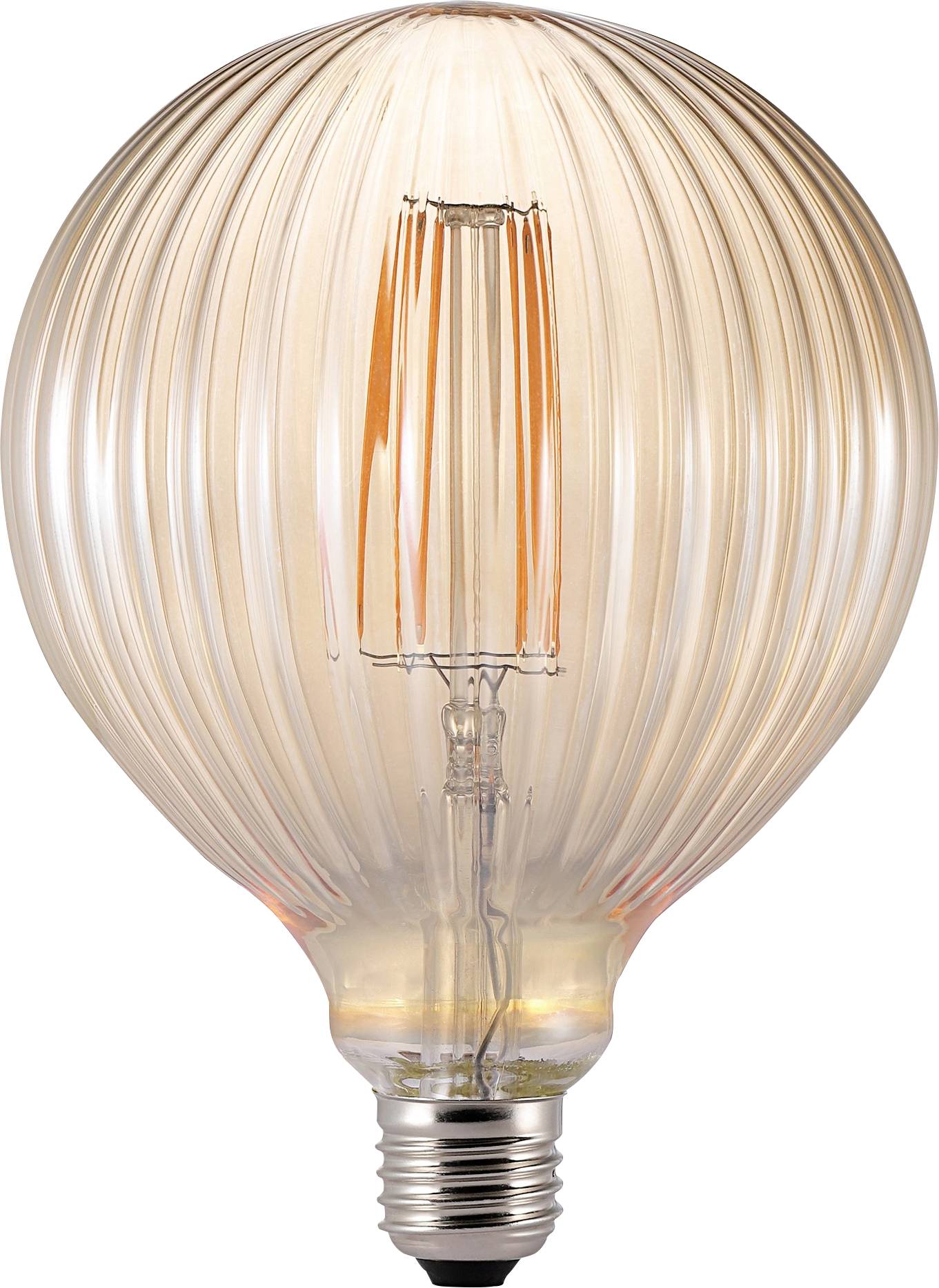 Eine kugelförmige, fadenförmige LED-Glühbirne mit gerillter Glasoberfläche, die warm gegen einen weißen Hintergrund leuchtet.