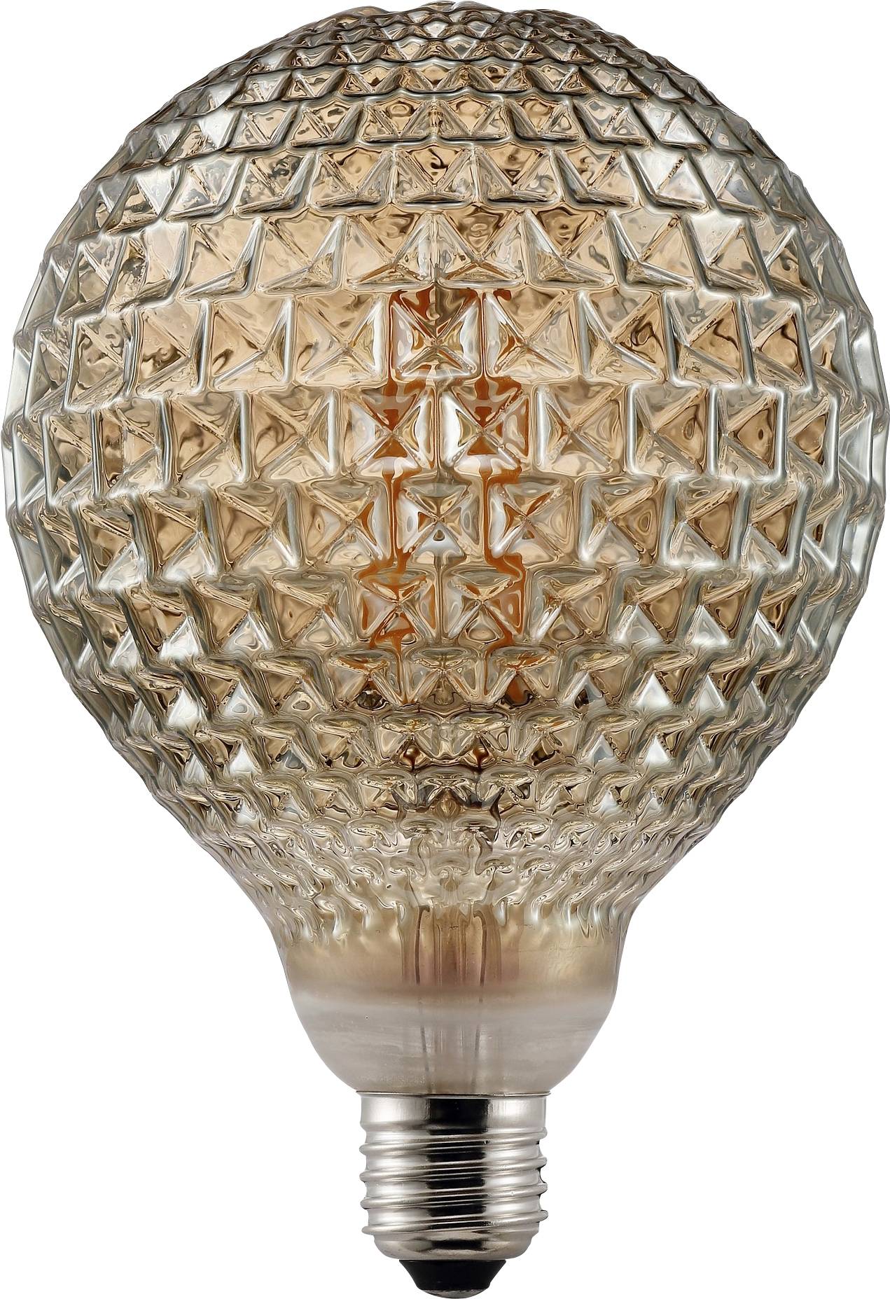 Eine strukturierte, wabengemusterte Glühbirne mit warmem Bernsteinglanz, entworfen für dekorative Beleuchtung, vor einem einfachen Hintergrund.