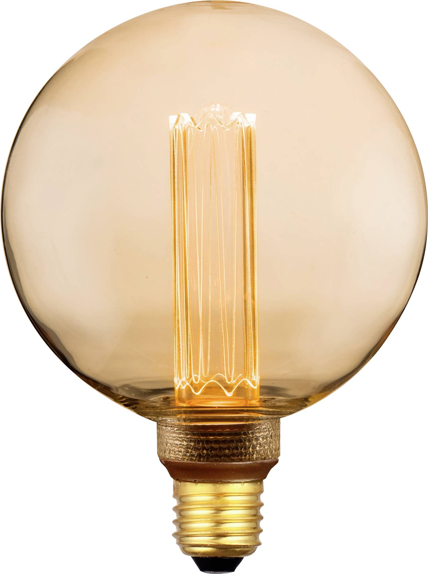 Eine leuchtende Glühbirne im Vintage-Stil mit sichtbarem Glühfaden, die warmes orangefarbenes Licht ausstrahlt.