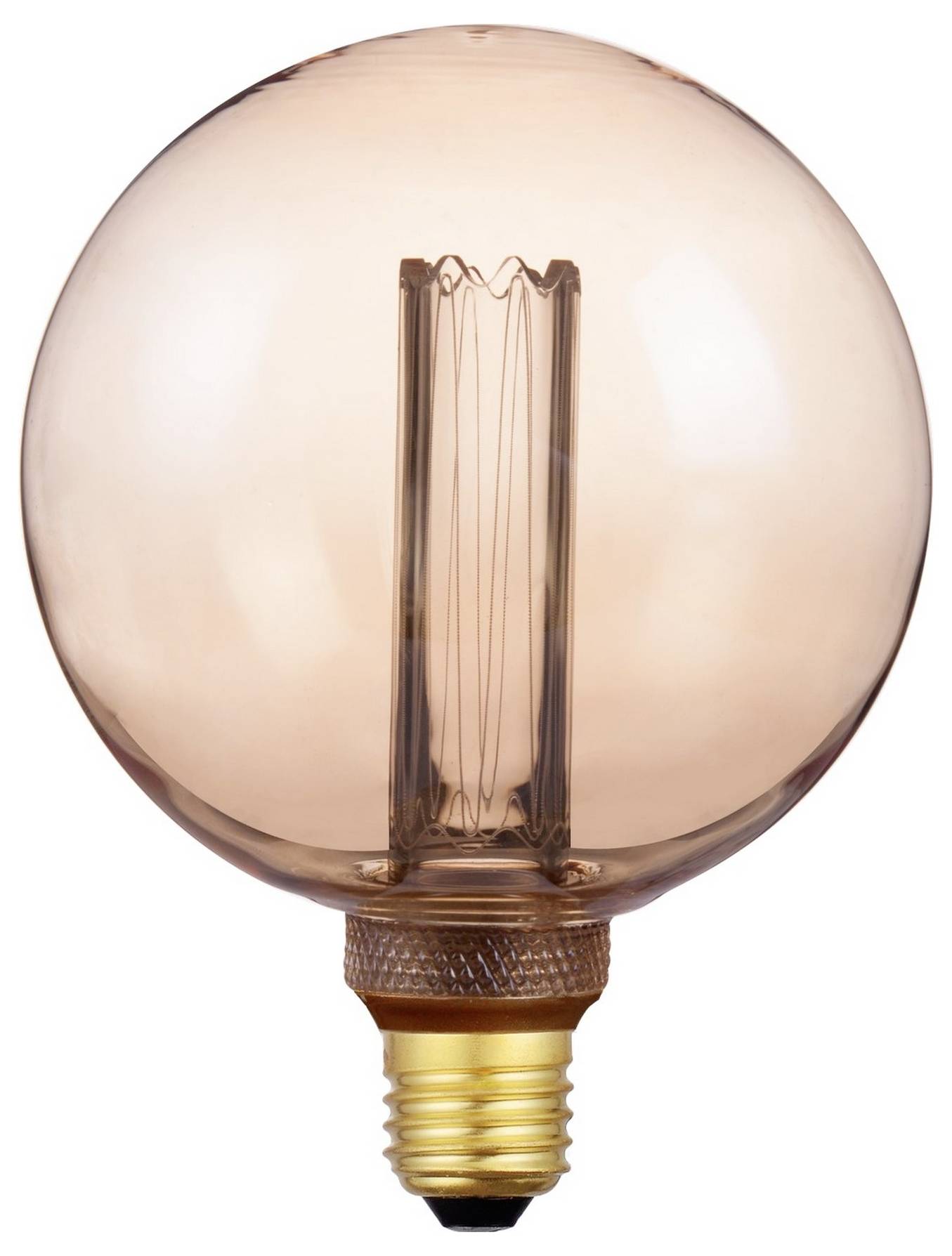 Eine runde, im Vintage-Stil gehaltene Glühbirne mit einem sichtbaren vertikalen Glühfaden im Inneren und einer Messingschraubfassung. Das Glas hat einen warmen, bernsteinartigen Farbton.