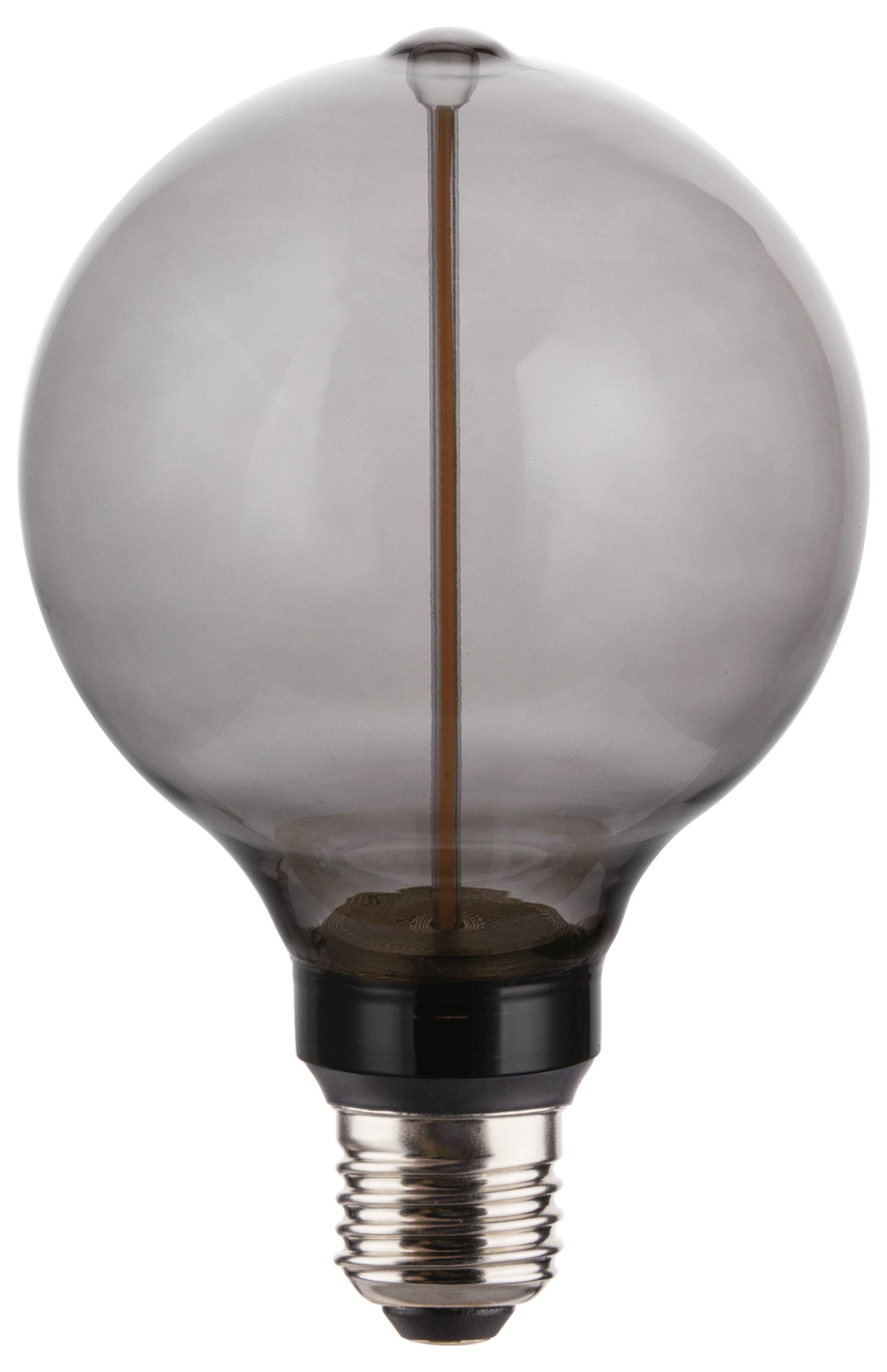 Eine runde, klare Glühbirne mit einem sichtbaren Glühfaden steht aufrecht auf weißem Hintergrund.