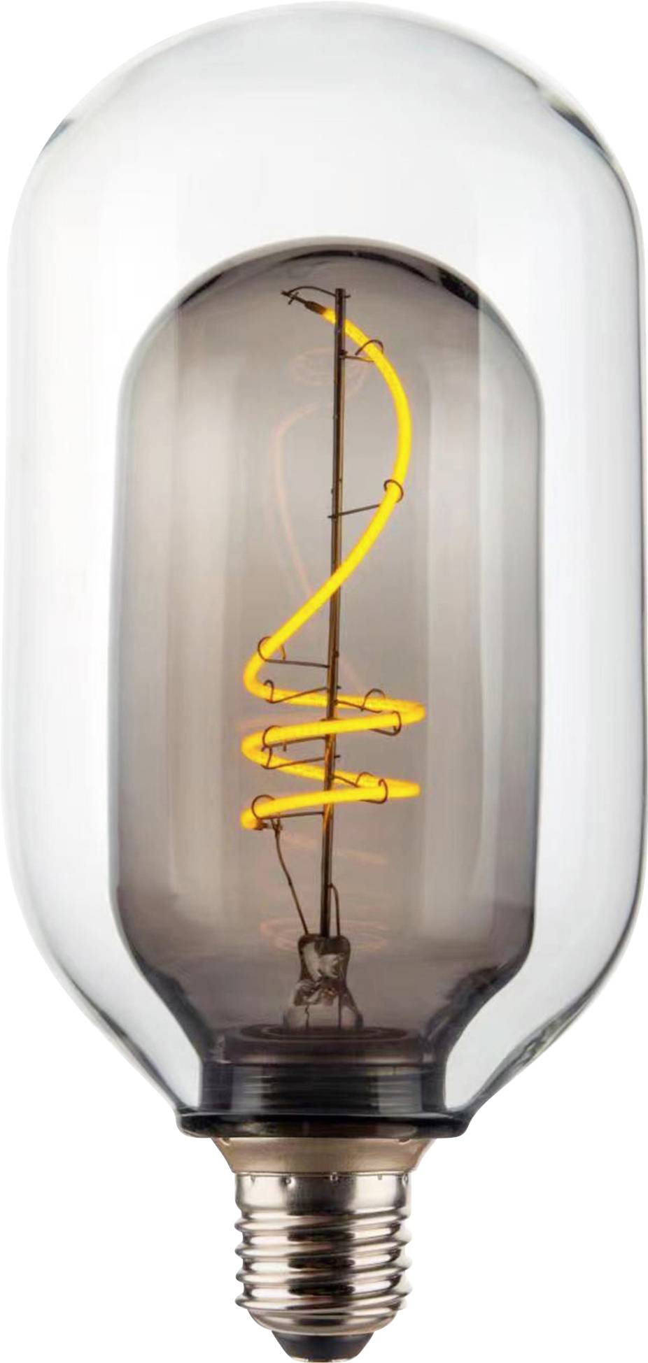 Eine Vintage-Style-LED-Glühbirne mit einer spiralförmigen Glühwendel in einem transparenten, länglichen Glaskörper.
