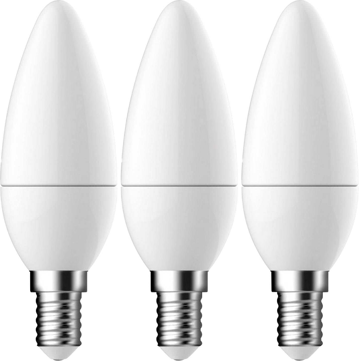 Drei weiße LED-Glühbirnen mit einer schlanken, länglichen Form und silbernen Schraubsockeln, aufrecht in einer Reihe positioniert.