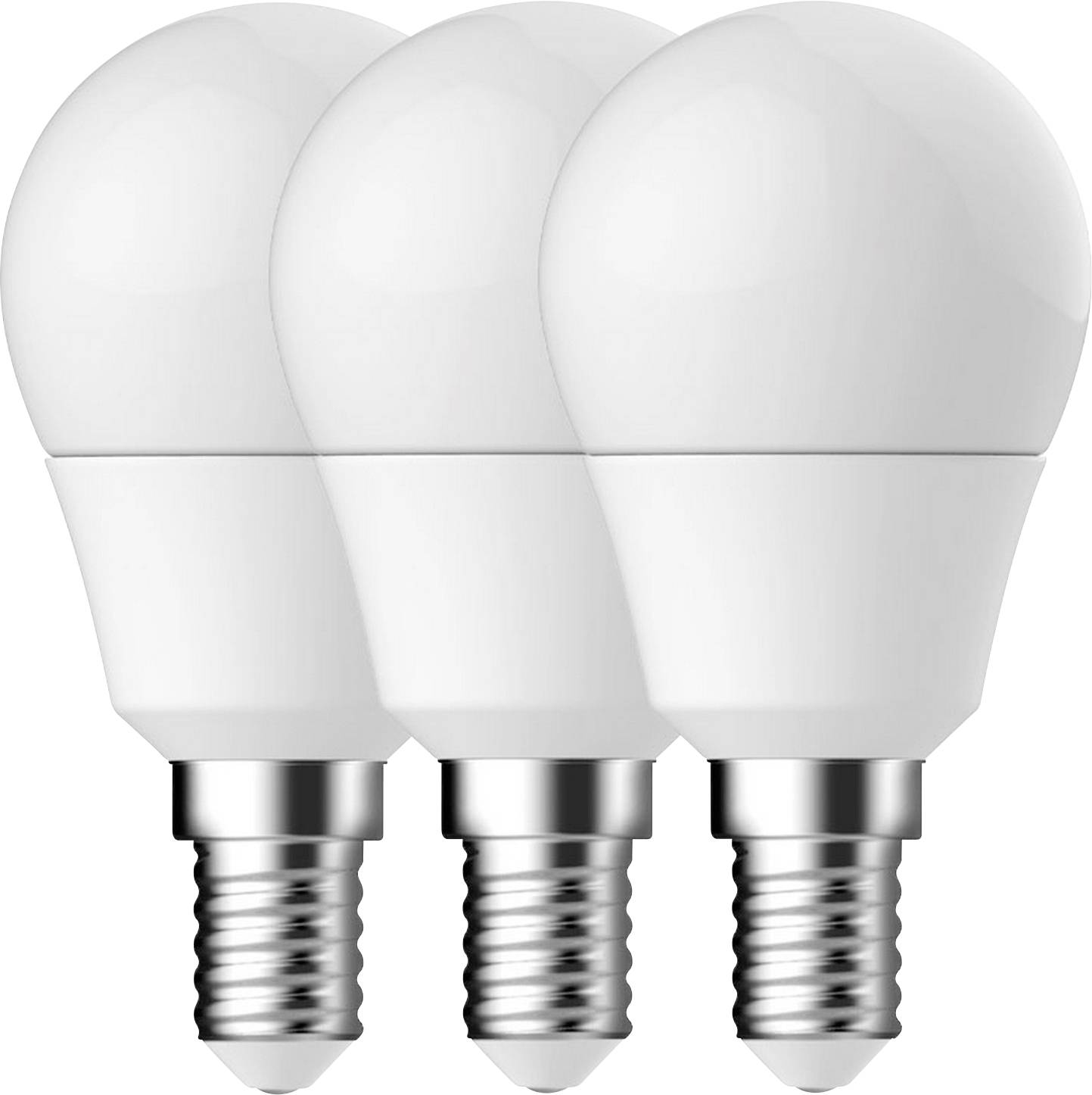 Drei weiße LED-Glühbirnen mit silbernen Sockeln nebeneinander angeordnet, die energieeffizientes Design zeigen.